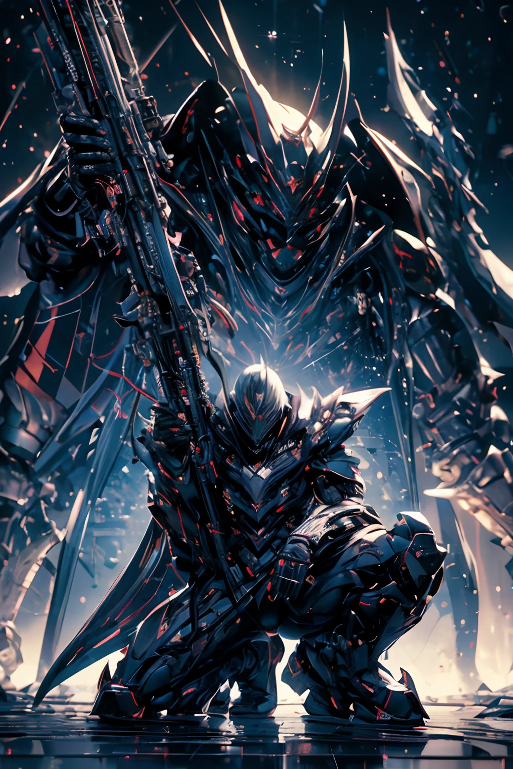 CG Mecha, Beautiful eyes, Upper body, Mechanic Armor、Near the future、Moving portrait, 机器人,Neon light, 8K, raw, Best Quality, masutepiece, 超A high resolution, Colorful, (medium wide shot), (Dynamic perspective), , (depth of fields, Bokeh:1.3), extremely detailed eye and face, Beautiful detailed eyes,((masutepiece, Best Quality)), Detailed background, white hair、Luminescent eyes、fullmoon、Get down on one knee、matrix、The sheen、Reflectors、bio luminescent、intergalactic、(optic:1.2)、Synemnatic、dark backgrounds、Back lighting、highly contrast、Lobo、Cinematic、Beautiful fece、masterpiece、8K、War of the Worlds、headset on head、3drendered、逼真、expert、Samurai、Hold your weapon、Dark mask、((hero))、Wearing armor、Full Body Portfolio、