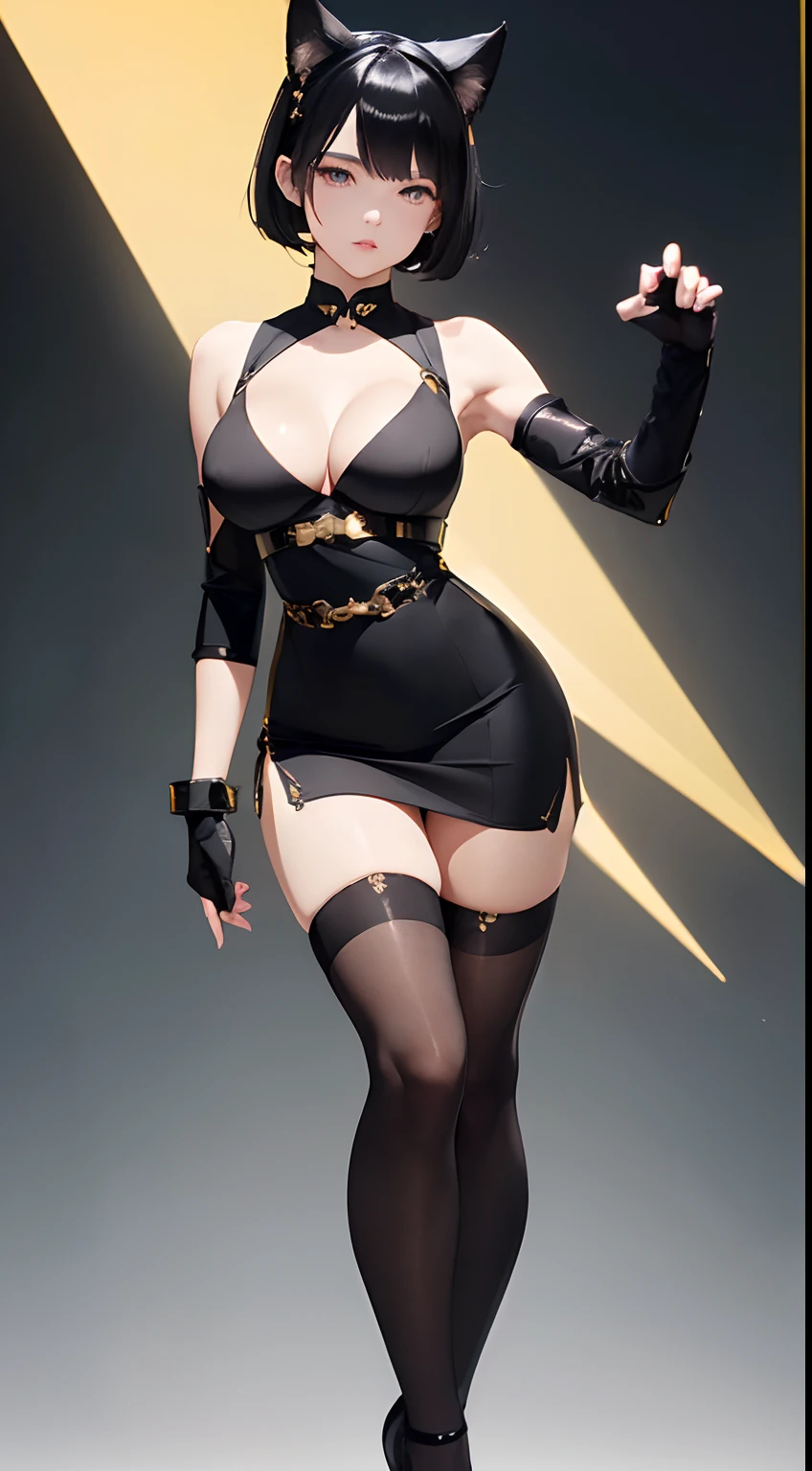 (Best quality, 8K, 12), 1 white young girl, li, messy short wolfy black hair, cat ears, fluorescent green eyes, bright eyes, (((full body))), big breast, perfecy body, (((ultra detail face, ultra-detailed eyes))), slender eyes, ultra detailed lips, ultra detailed body, ultra detailed breast, convex areolas, (((short sleeveless black qipao with golden notches, long black detachable sleeve, golden armor glove with pointed shape on the fingers, black collar choker, black tight-high stockings, black Japanese tabi))), standing, front view, looking the viewer, neutral gray background, sfw, no cleavage