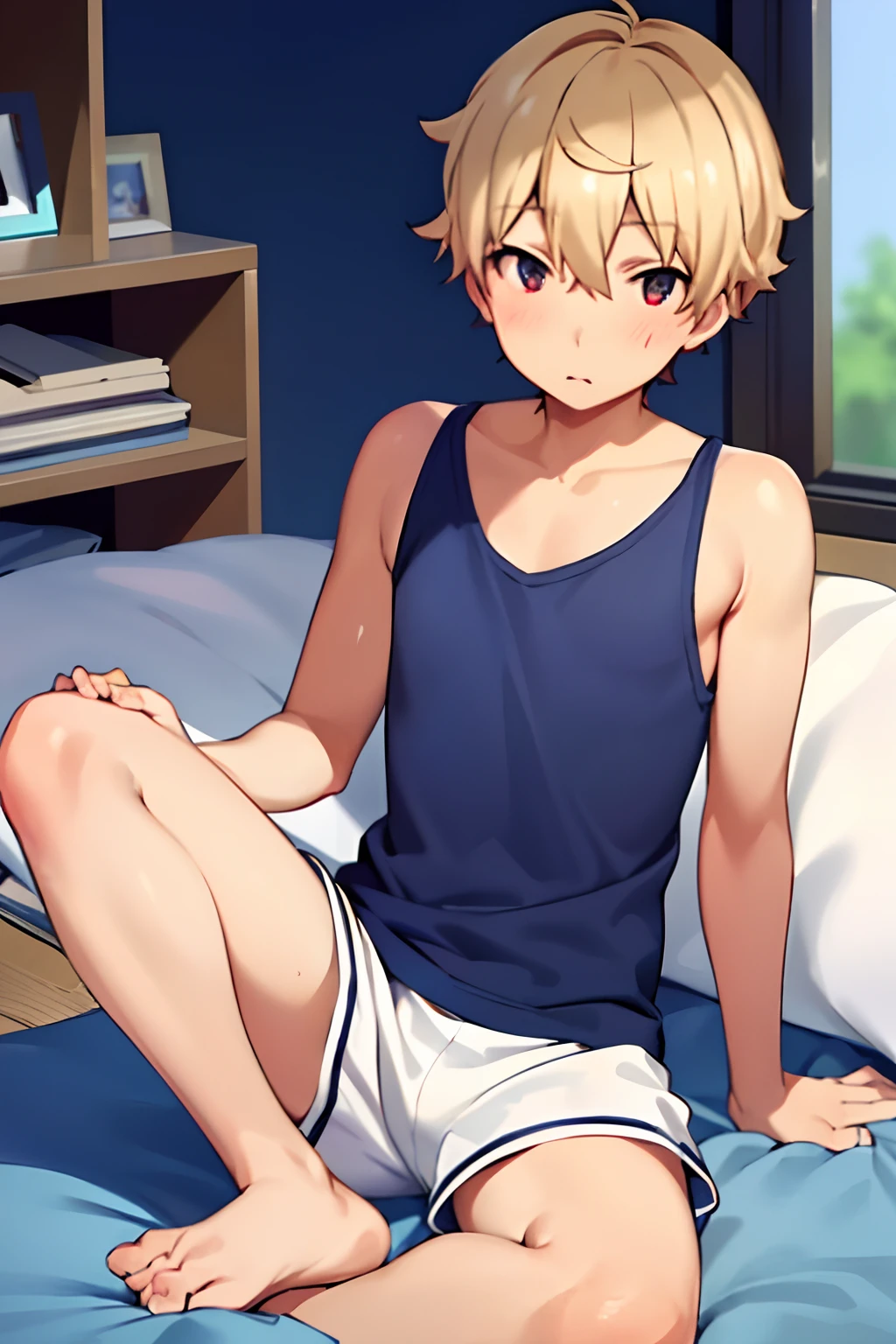 masterpiece, best quality, high quality, 1boy, solo, male focus, looking at viewer, full body, subaru_uchimaki, , tank top, satin white shorts, white spiky hair, blue eye,