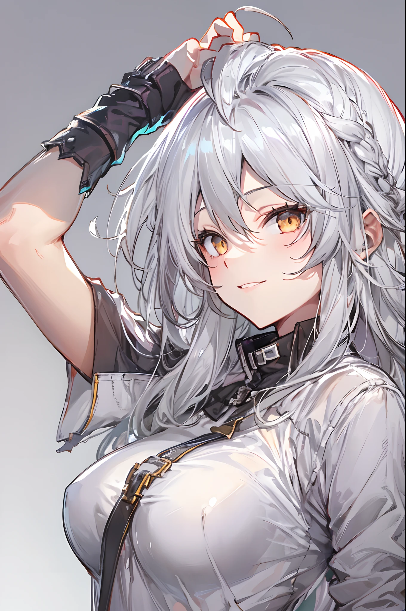 1girl, {solo}, upper body ,{{ {looking at viewer}}}, arm at side, concept art, white background, simple background, white hair, silver gradiient hair , complex cloth, asymmetrical clothes, virtual youtuber, best quality, masterpiece, dynamic angle, guilty gear, guilty gear, guilty gear, cowboy_shot, looking_back, grabbing, girl,woman,female, young,20 years old, very long hair, flipped hair, silver hair, flowing hair, ahoge, smirk, beautiful and delicate golden eyes, teeth, medium_breasts, blonde eyes, white skin, coat, hoodie, black_shorts, grey Clothes, transparent_background, backlighting, absurdres, highres, ultra detailed,