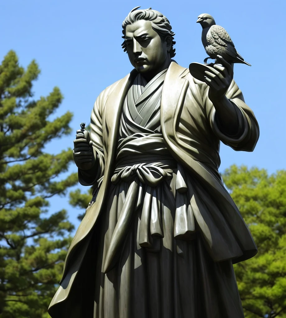 Statue of a man holding a bird in his hand, Historical figures、japanes、Tokugawa Ieyasu 、illustratio、Draw in anime style、The figure is a standing statue