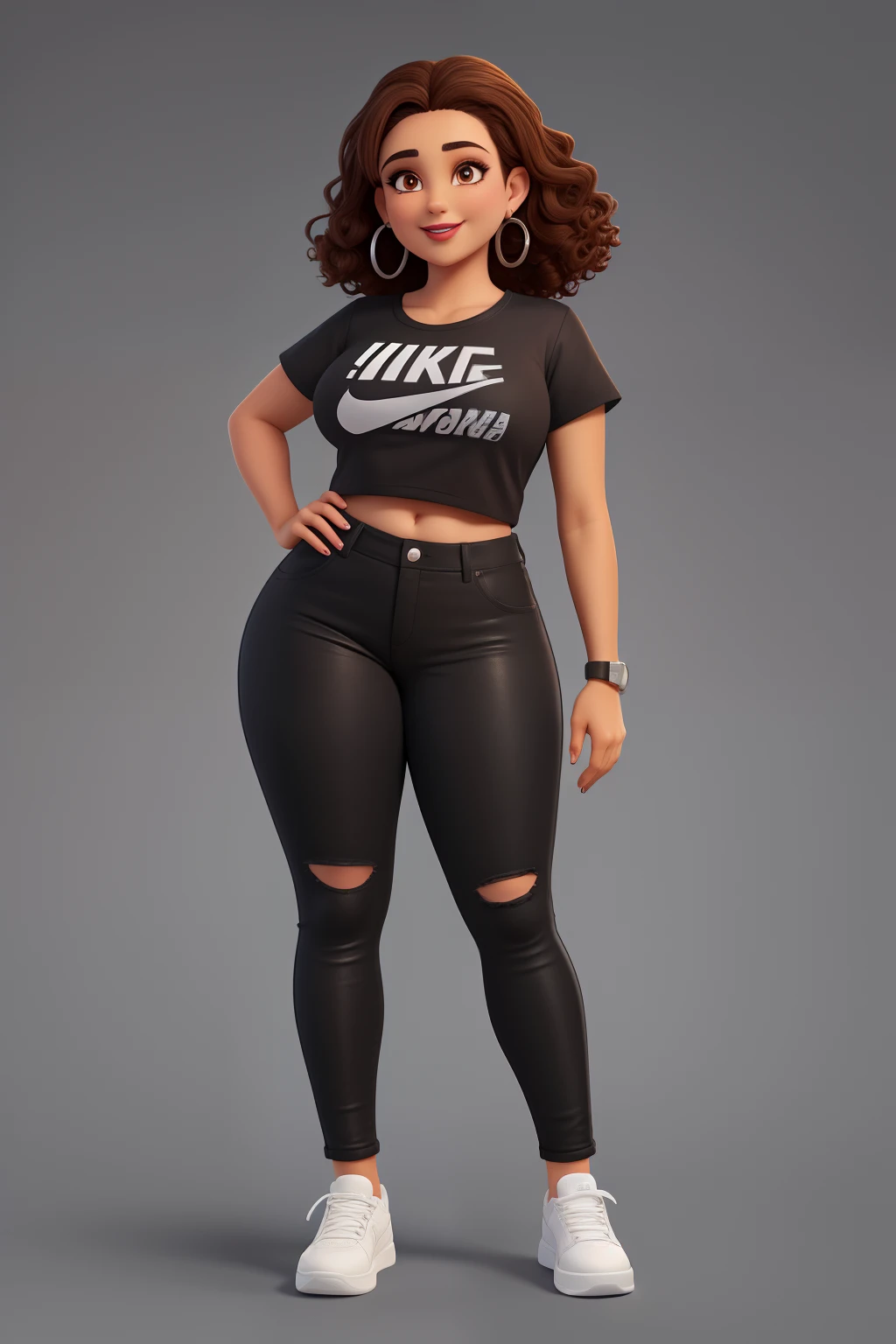 Uma linda mulher morena baixinha tenho 1,58 tall has dark brown hair short medium curly light brown eye has tattoo has a beautiful smile is wearing a black t-shirt is wearing black jeans has big breasts is kinda chubby is wearing the silver hoop earring is wearing black makeup is wearing red lipstick is wearing sneakers Nike is 22 years old