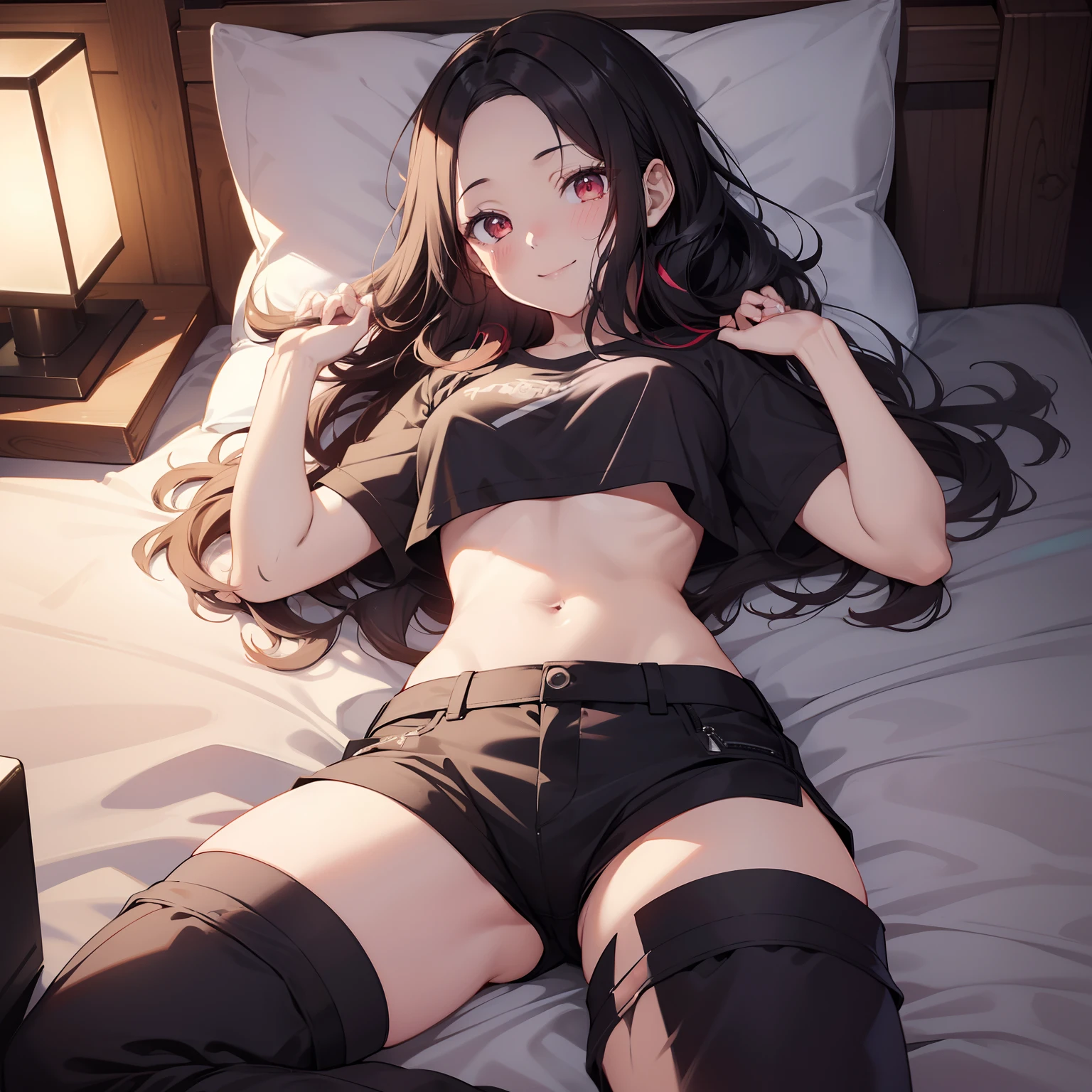 (masutepiece,Best Quality,8K),(extremely detailed CG1.1),teens girl,Smile,large boob,(From below:1.2),Intricate details , Hyper realistic, Perfect Anatomy,A dark-haired,Red Eyes,(((Forehead))),Permed hair with wavy hair,(((length hair))),Hair over one eye,hair slicked back,Full body,tshirts,Black shorts,blush,Happy smile,(((Bedrooms))),Night view,optic,(chromatic abberation:1.3),Dynamic Angle,bird flocks,Cowboy Shot,Looking at Viewer,Lie on your back