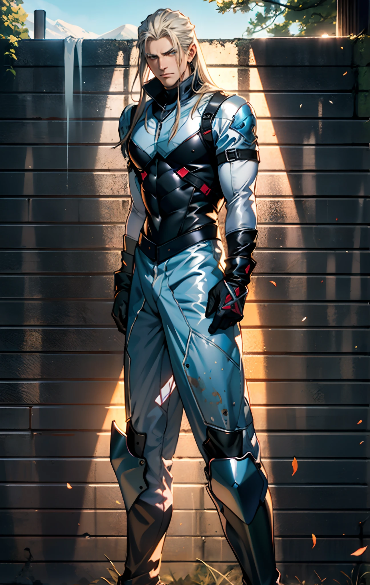 A middle-aged man, long platinum-blond hair, neatly combed hair, a square face, a serious expression, sharp eyes, tall figure, a dark fantasy-realistic style bodysuit, short sleeve, a silver-white chestplate, gloves with metal accessories, three metal blades extending from the gloves, tight-fitting pants that match the bodysuit, silver-white metal shin guards, boots, the background is a mountain forest at night, with falling leaves, this character embodies a finely crafted fantasy-realistic style assassin in anime style, characterized by an exquisite and mature manga illustration art style, high definition, best quality, highres, ultra-detailed, ultra-fine painting, extremely delicate, professional, anatomically correct, symmetrical face, extremely detailed eyes and face, high quality eyes, creativity, RAW photo, UHD, 8k, Natural light, cinematic lighting, masterpiece-anatomy-perfect, masterpiece:1.5