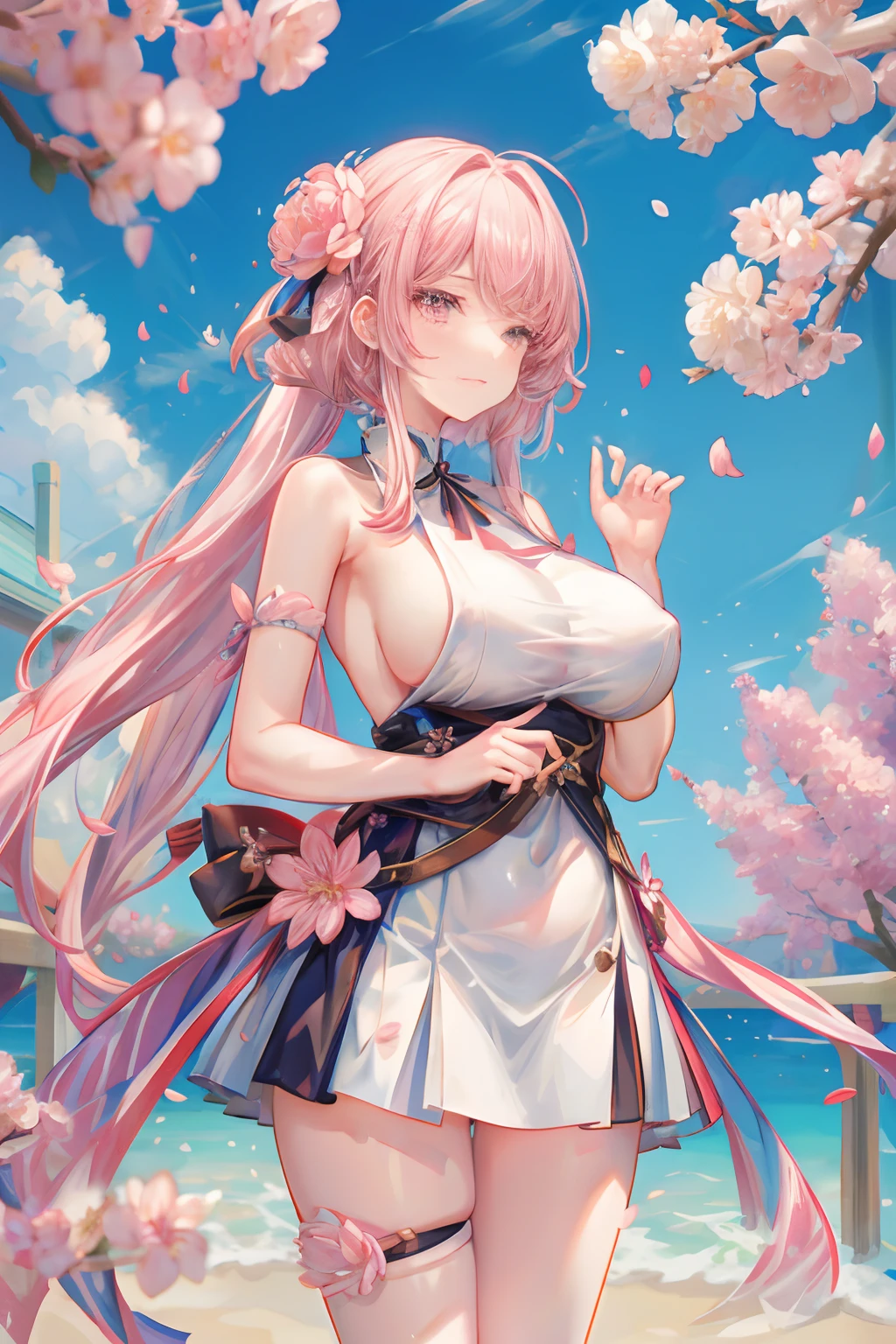 1个Giant Breast Girl，blossoms，petals