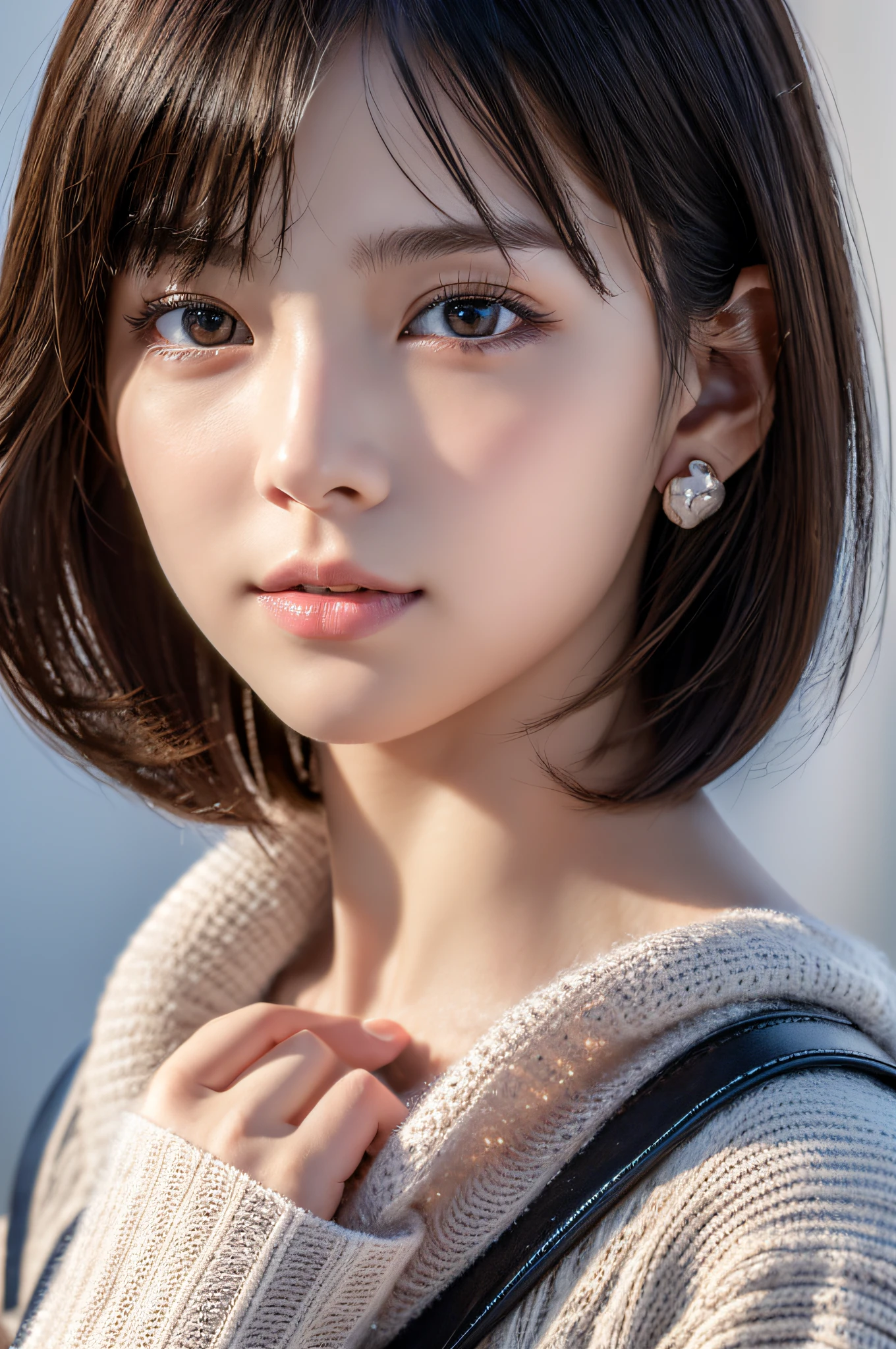 (8k, RAW photos, top quality, masterpiece: 1.2), ultra detailed, super resolution, (real, real photos: 1.37), portraits, high definition RAW color photos, professional photos, very detailed and beautiful, highly detailed, 8k wallpapers, amazing details, huge file size, official art, highly detailed CG Unity 8k wallpapers, highly detailed beautiful girls, highly detailed faces, Highly Detailed Eyes, Highly Detailed Skin, Highly Detailed Fingers, Very Detailed Nose, Highly Detailed Detailed Mouth, Perfect Anatomy, Detailed Background, Detailed Clothes, One Girl, (20:1.2), 20s, Cute Girl, Realistic Body, Petite, White Skin, Radiant Skin, Slim Body, Black Hair, Short Hair, (Blunt Bangs: 1.2), Cute, Youthful, Pretty Face, Realistic Face, Delicate Eyes, Sale Eyes, ( (Fashionable winter clothes)), ((Up)), ((((Short hair)))), Earrings, Looking at the camera, Cowboy shot, Facing Front, Standing Posture, Contrapposto, Dynamic Lighting, C Cup Breasts,