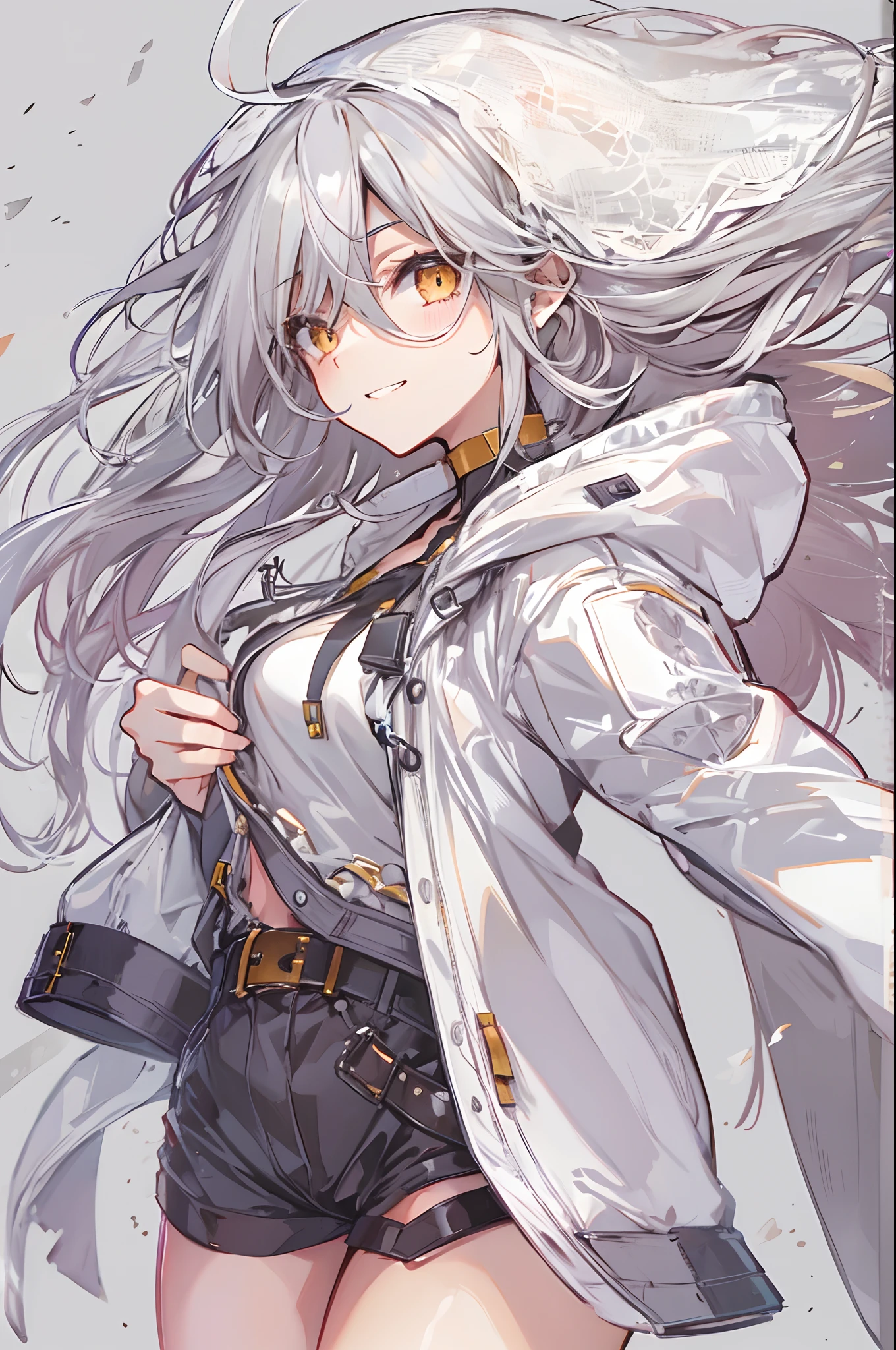 1girl, {solo}, upper body ,{{ {looking at viewer}}}, arm at side, concept art, white background, simple background, white hair, silver gradiient hair , complex cloth, asymmetrical clothes, virtual youtuber, best quality, masterpiece, dynamic angle, guilty gear, guilty gear, guilty gear, cowboy_shot, looking_back, grabbing, girl,woman,female, young,20 years old, very long hair, flipped hair, silver hair, flowing hair, ahoge, smirk, beautiful and delicate golden eyes, teeth, medium_breasts, blonde eyes, white skin, coat, hoodie, black_shorts, grey Clothes, transparent_background, backlighting, absurdres, highres, ultra detailed,