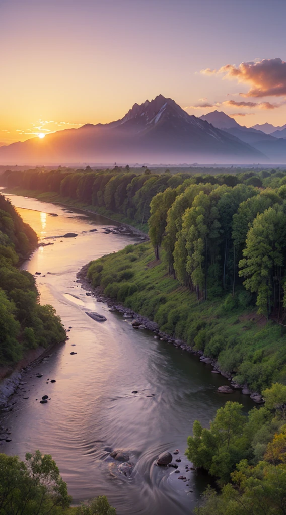 Landscape painting with mountains and rivers at sunset，Realistic reality，Close to nature