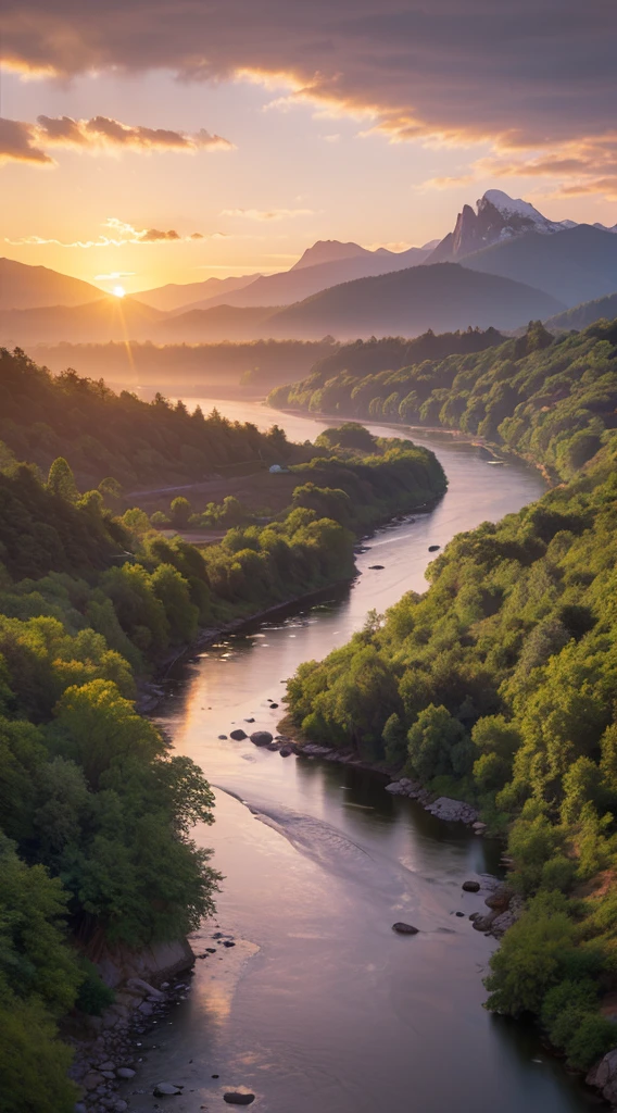 Landscape painting with mountains and rivers at sunset，Realistic reality，Close to nature