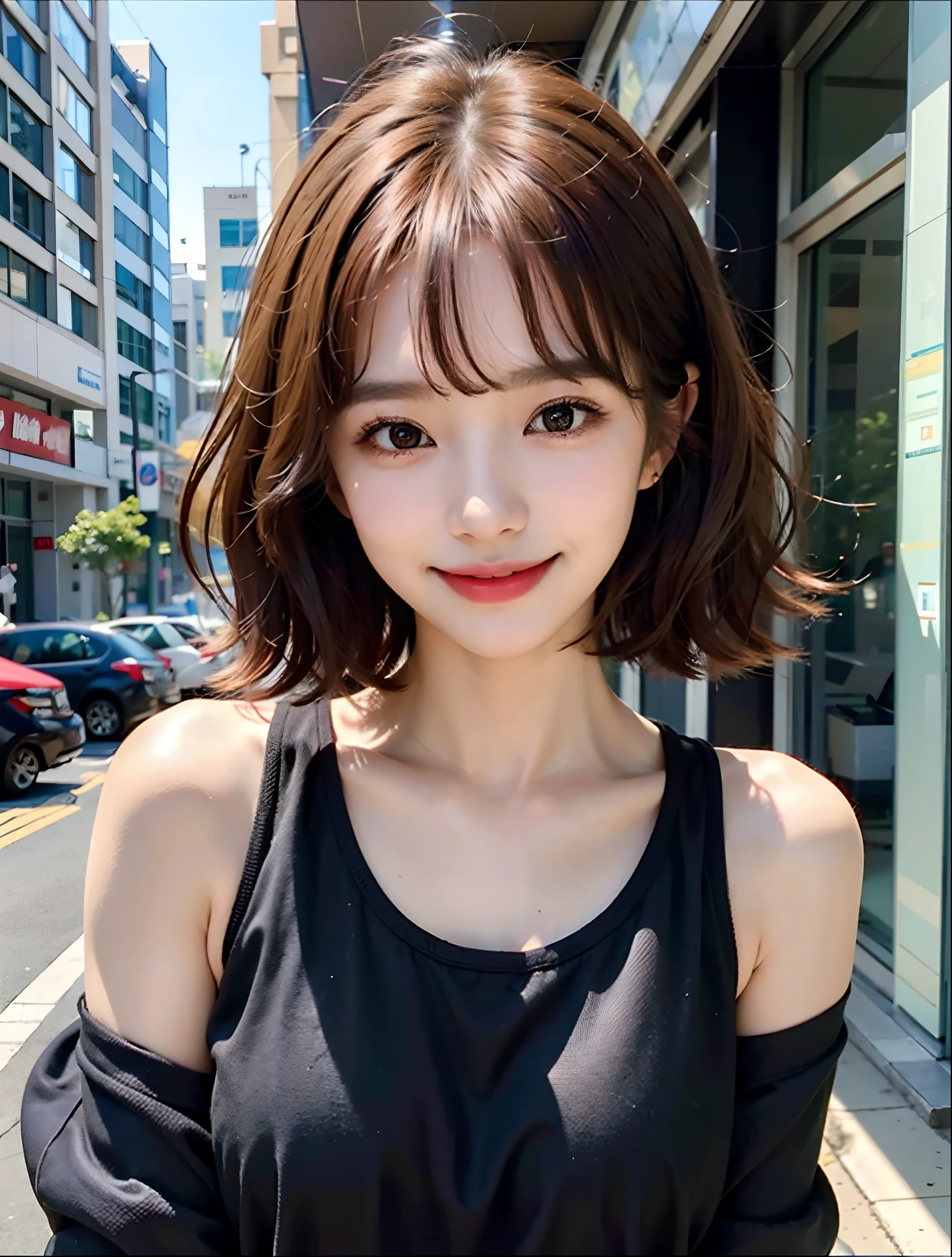 Masterpiece,girl with,1人,8k,((Beautiful girl:1.3)),huge smile,Smile with a scrunched face,About 20 years old,Short Bob Hair,redhair,Detailed eyes,Detailed hair,Detailed skin,realskin,Young fashion,open collared shirt,Black tank top at inner,Slim Faces,slenderbody,Lashes,二重まぶた,Absurd cuteness,Dazzling smile,Cute smile,