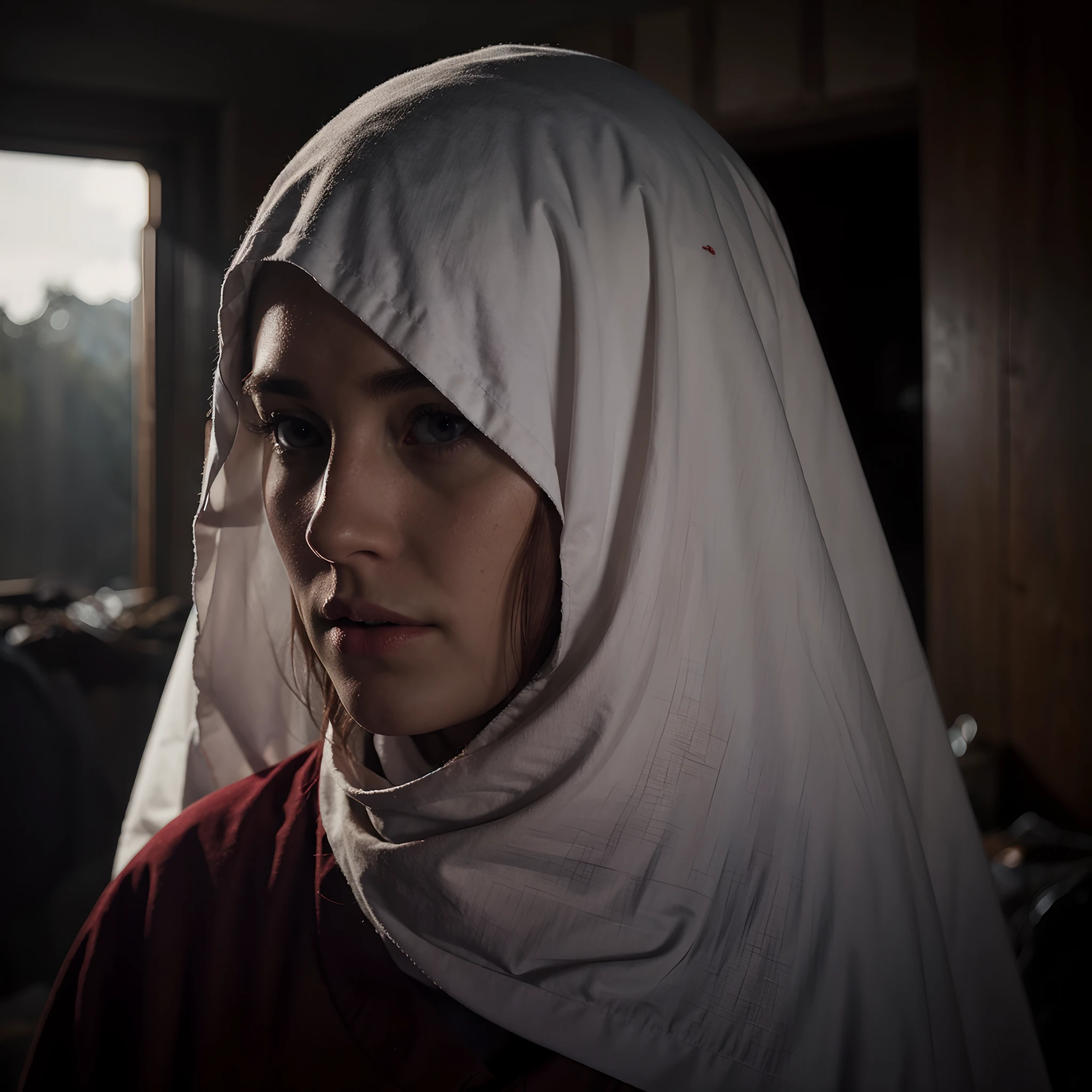 ghost person with red cloath dark, photorealistic, cinematic,