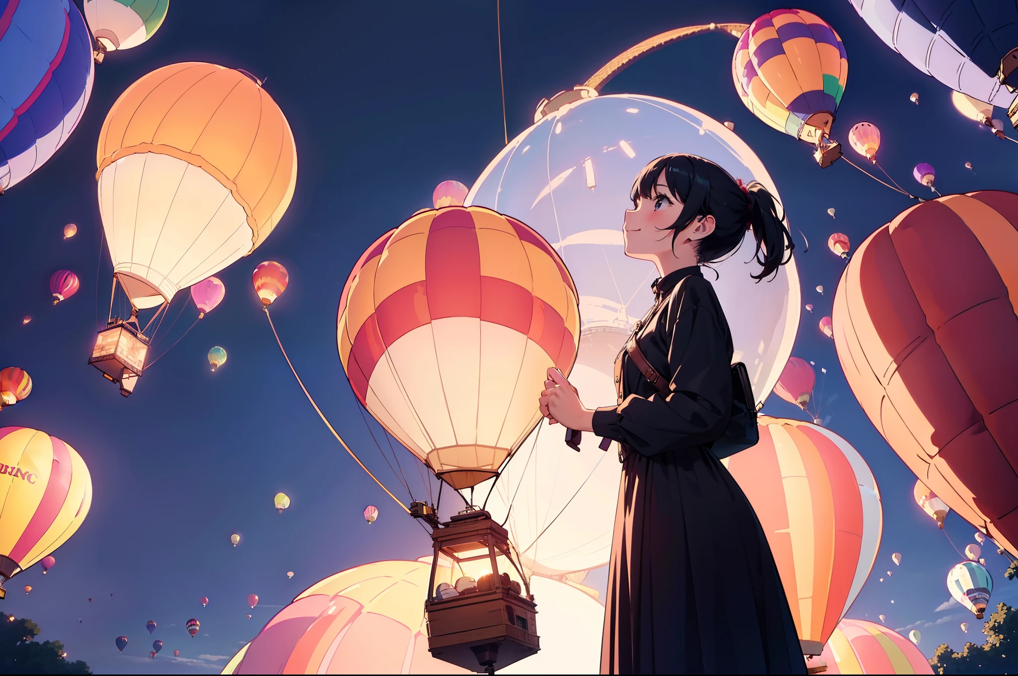 1 cute girl, standing ,(looking up), character focus, (wide shot) ,cinematic angle, cinematic lighting, smile , (((background many air balloons))) , ((masterpiece)), ((best quality)), ((ultra-detailed)), (illustration), ((an extremely delicate and beautiful))