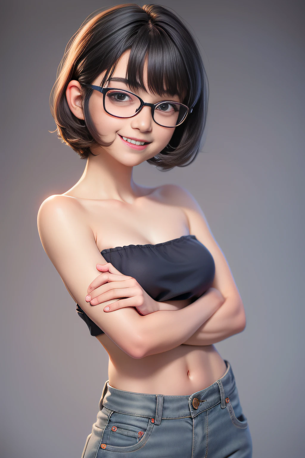 One girl, ,Full Body Shot,20-year-old girl , No makeup, Ordinary face,masterpiece, highest quality, High resolution,Browsing Caution,((nude)),smile,,Are standing,Slender body,,(Flat Chest),pubic hair,Japanese,Black Hair,Bangs,short hair,Droopy eyes,single eyelid, Narrow eyes ,Simple Background,Glasses