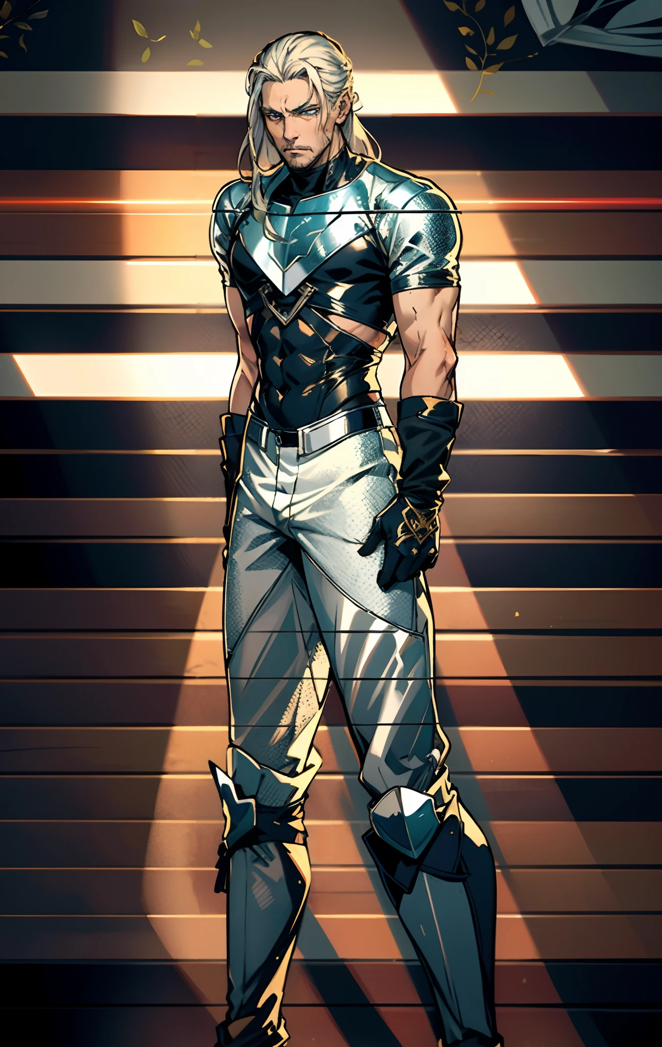 A middle-aged man, long platinum-blond hair, neatly combed hair, a square face, a serious expression, sharp eyes, tall figure, a dark fantasy-realistic style bodysuit, short sleeve, a silver-white chestplate, gloves with metal accessories, three metal blades extending from the gloves, tight-fitting pants that match the bodysuit, silver-white metal shin guards, boots, the background is a mountain forest at night, with falling leaves, this character embodies a finely crafted fantasy-realistic style assassin in anime style, characterized by an exquisite and mature manga illustration art style, high definition, best quality, highres, ultra-detailed, ultra-fine painting, extremely delicate, professional, anatomically correct, symmetrical face, extremely detailed eyes and face, high quality eyes, creativity, RAW photo, UHD, 8k, Natural light, cinematic lighting, masterpiece-anatomy-perfect, masterpiece:1.5