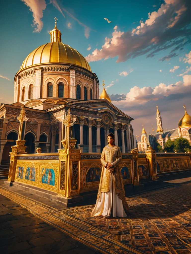 (a beautiful portrait of Emperor Constantine the Great, a background of Constantinople at dusk, Russian culture, painted by Ilya Repin) (best quality, highres), realistic, detailed portrait, vibrant colors, soft lighting, oil painting, intricate brushwork, historical accuracy, grandeur, regal pose, richly decorated attire, iconic symbols, majestic architecture, Byzantine influence, swirling clouds, golden hues, bustling cityscape, domed churches, intricate mosaics, ornate details, ornamental patterns, dramatic shadows, atmospheric perspective, sense of depth, intense gaze, powerful presence, imposing figure, historical significance, revered ruler.