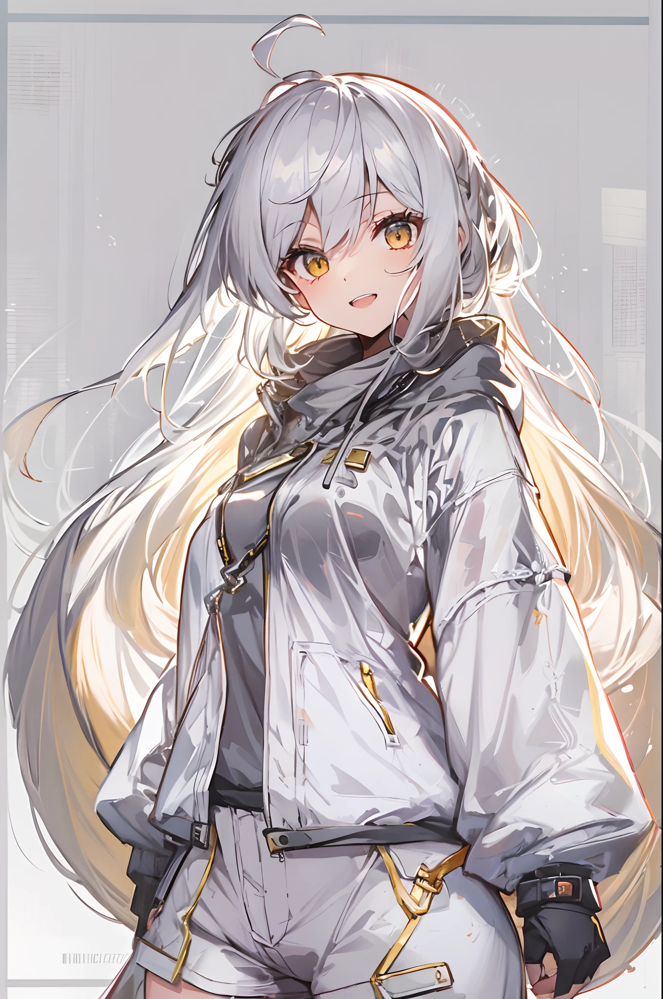 1girl, {solo}, upper body ,{{ {looking at viewer}}}, arm at side, concept art, white background, simple background, white hair, silver gradiient hair , complex cloth, asymmetrical clothes, virtual youtuber, best quality, masterpiece, dynamic angle, guilty gear, guilty gear, guilty gear, cowboy_shot, looking_back, grabbing, girl,woman,female, young,20 years old, very long hair, flipped hair, silver hair, flowing hair, ahoge, smirk, beautiful and delicate golden eyes, teeth, medium_breasts, blonde eyes, white skin, coat, hoodie, black_shorts, grey Clothes, transparent_background, backlighting, absurdres, highres, ultra detailed,