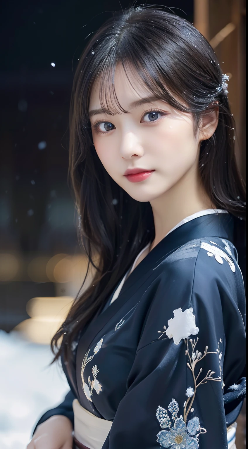 (Kimono)、(Light makeup)、(top-quality,masterpiece:1.3,超A high resolution,),(ultra-detailliert,Caustics),(Photorealsitic:1.4,RAW shooting,)Ultra-realistic capture,(32k,high detal,high-detail、masterpiece,Attention to detail,full body Esbian,独奏,Lori:1.6),Raw photo & realistic atmosphere,beautiful dark blue eyes,Detailed mouth,Glossy lips,Detailed eyebrows,Eyes drawn in detail with soft white skin that shines in every detail)、、 (Skin texture is natural、、The skin looks healthy with an even tone、 Use natural light and color,One Woman,japanes,,kawaii,A dark-haired,Middle hair,(depth of fields、chromatic abberation、、Wide range of lighting、Natural Shading、)、、(Exterior light at night:1.4)、(Falling snow:1.2)、(Hair swaying in the wind:1)、(Snow reflects light:1.3)