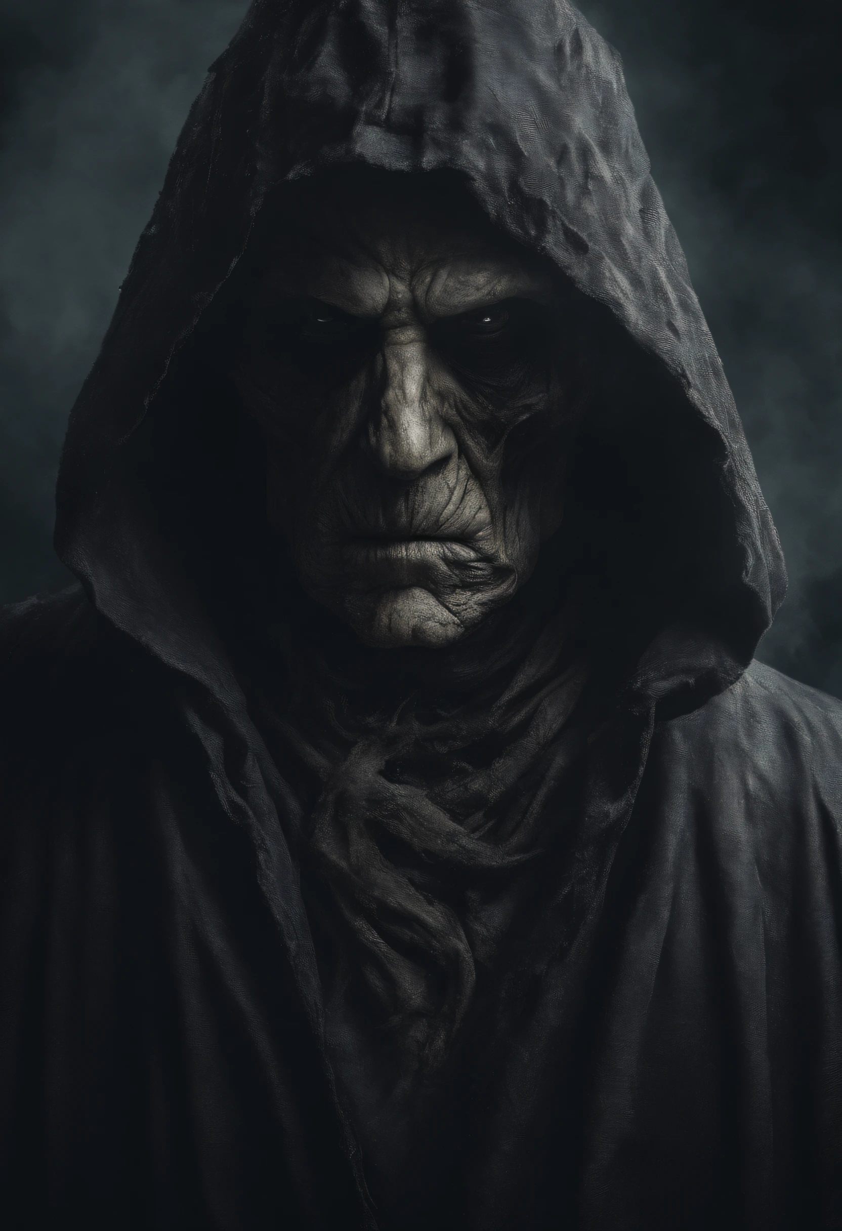 waist up, very old man, looks like a corpse, half of his face deformed and melted, dirty, beggar, monster, short gray hair, pale and wrinkled skin, sparse beard, yellowish pupils, hunched posture, penetrating and evil gaze, long black cloak, torn clothes, cloak of raven feathers on the back, body covered with sashes and hood, fog, dark gas station, horror, fear, scary, suspense, mysterious