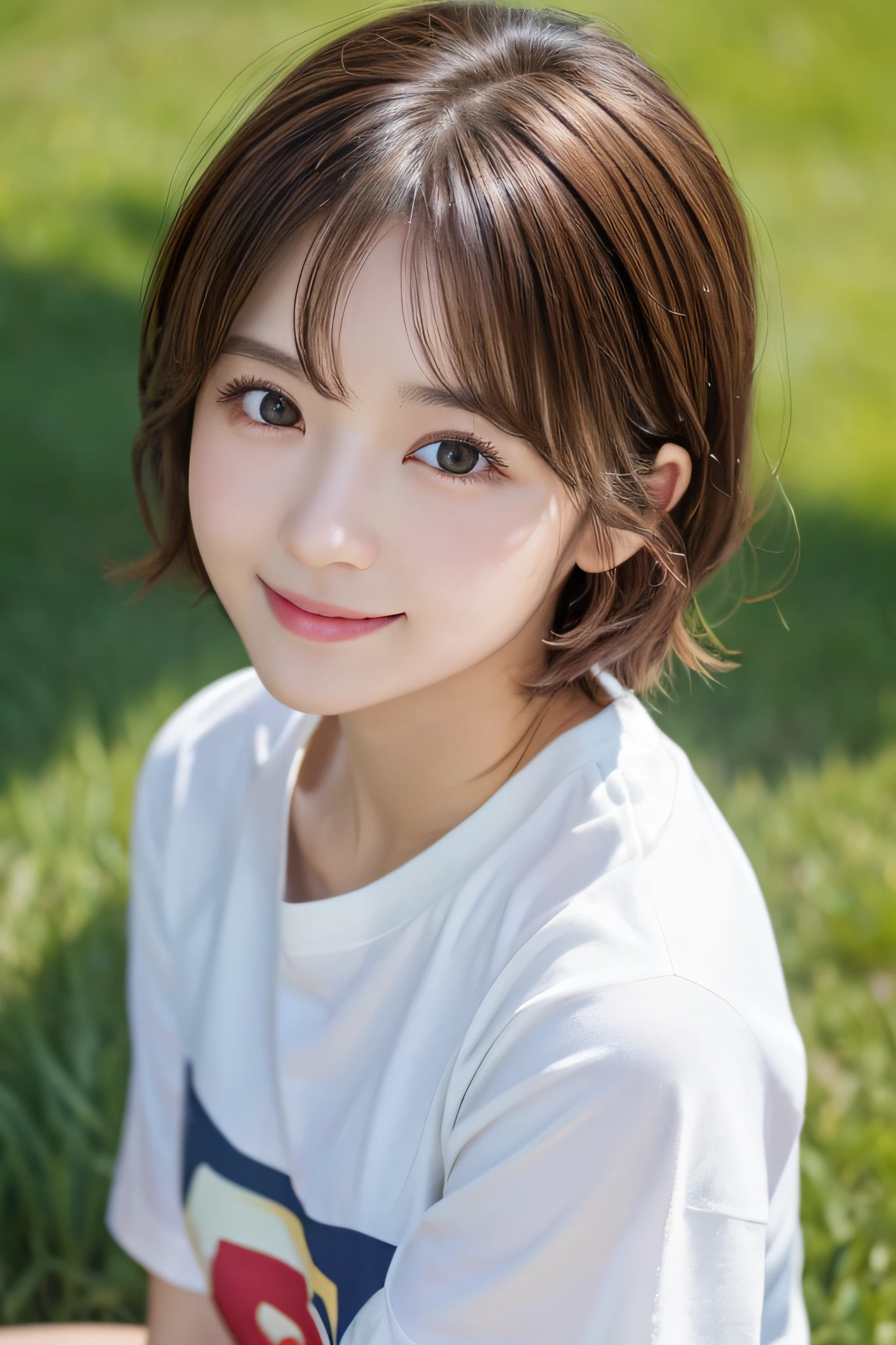 (top-quality,8K picture quality,masterpiece:1.3,),(超A high resolution:1.3,Photorealsitic:1.4,Raw photography:1.2),(ultra-detailliert:1.2,shinny skin,Detailed skin:1.1),(Detailed face,Perfect Anatomy,Caustics:1.2),On the lawn,Sleep on your back,Overhead view,,1人,kawaii,japanes,22year old,Japanese ido,Natural brown hair,Curl short hair outward,Pretty eyes,natural make up,Oversized T-shirt,A smile,Looking at the camera,up on the face,Face Focus,Professional Lighting,natural soft light,