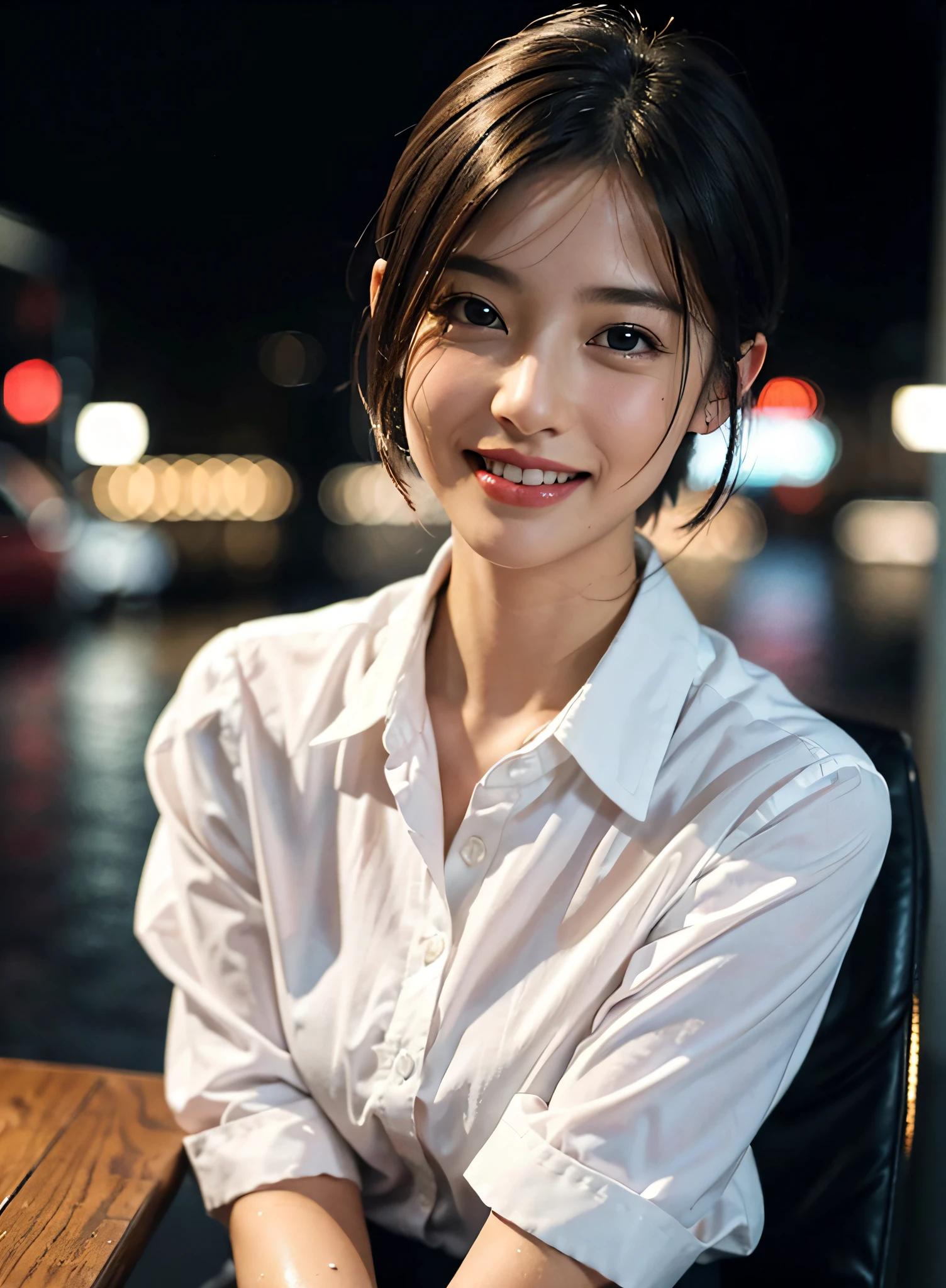 (8K, Best quality, Masterpiece:1.2), (Realistic, photo-realistic:1.37), Ultra-detailed, 1 girl,Cute, Solo,Beautiful detailed sky,Detailed Cafe,Night,Sitting,dated,(nose blush),(Smile:1.15),(Closed mouth) Small breasts,Beautiful detailed eyes,(Collared shirt:1.1), Night, Wet,Business attire, rain,White lace, (Short hair:1.2),Floating hair NovaFrogStyle,