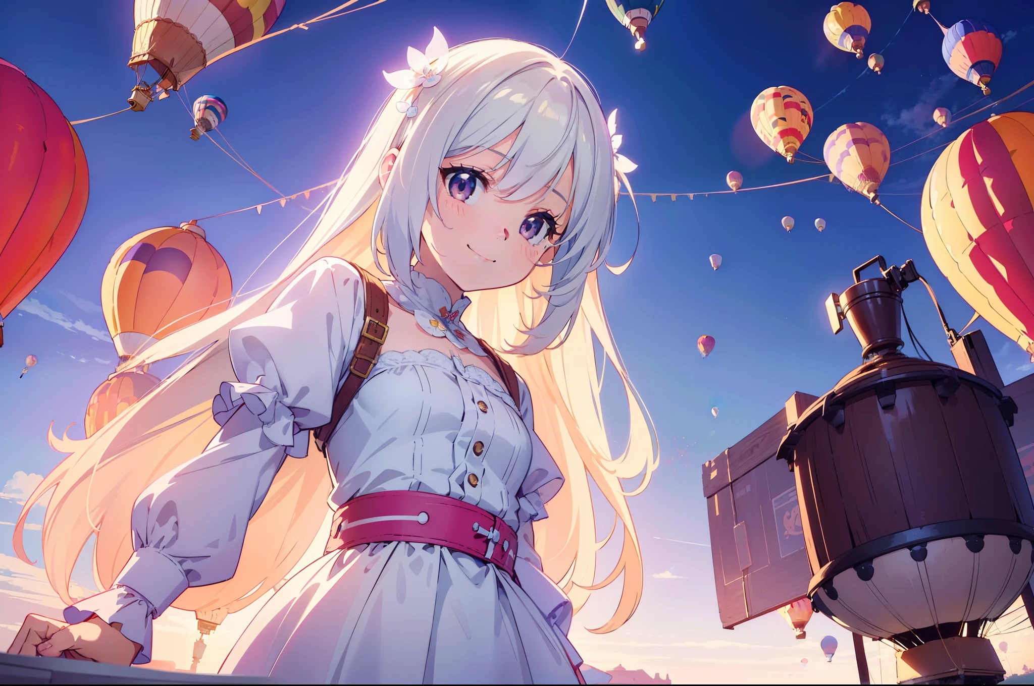 1 cute girl, standing ,(looking up), character focus, (wide shot) ,(from below:0.7), cinematic lighting, smile , (((background many air balloons))) , ((masterpiece)), ((best quality)), ((ultra-detailed)), (illustration), ((an extremely delicate and beautiful))