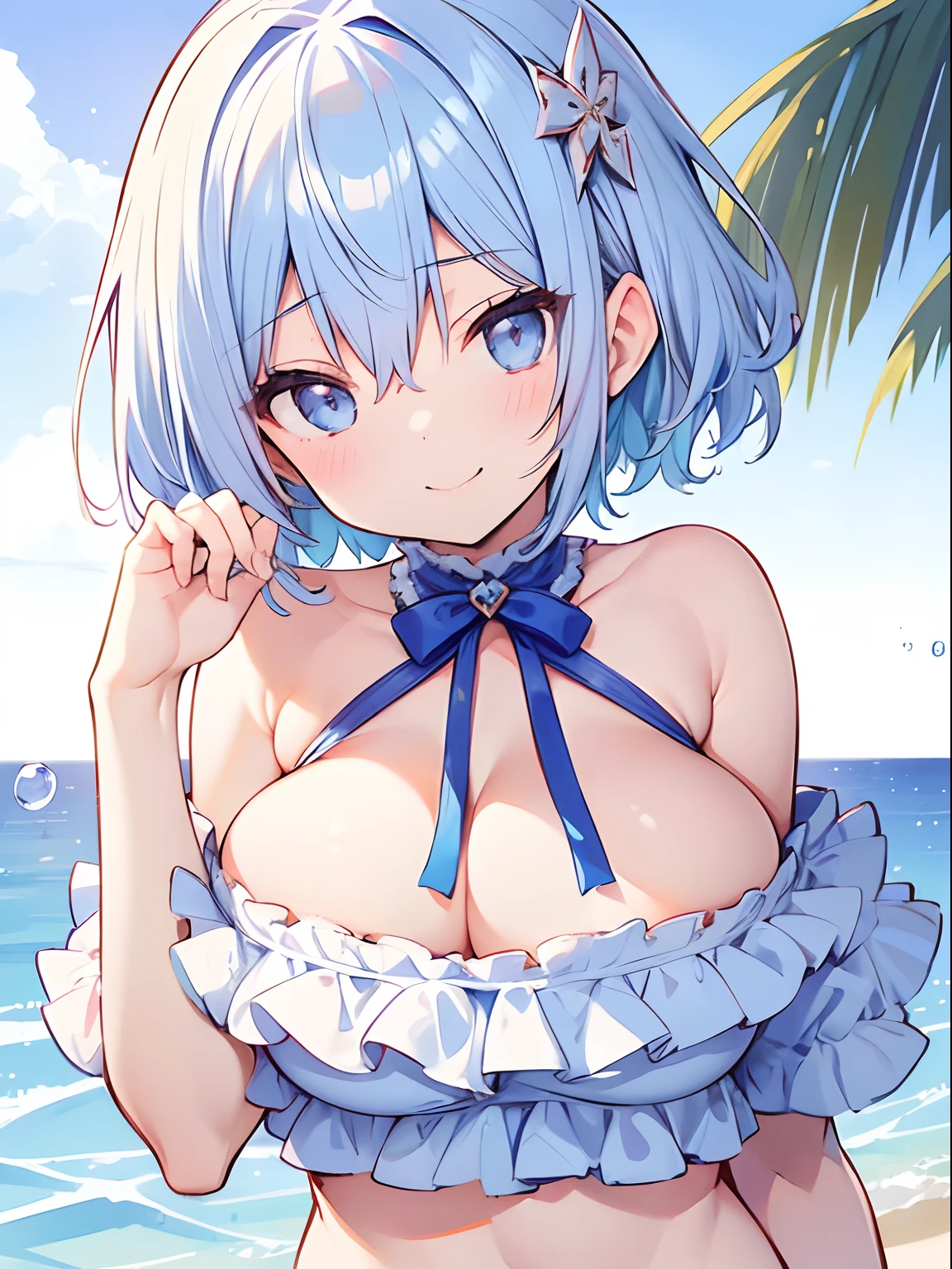 (Best Quality, masutepiece :1.3), short petite pretty woman,Light blue hair、kawaii pose、A smile、Bikini Hide One Eye、Detailed eyes, Pose Seductive, Smooth skin, (huge-breasted), Round breasts、short-hair、kawaii、