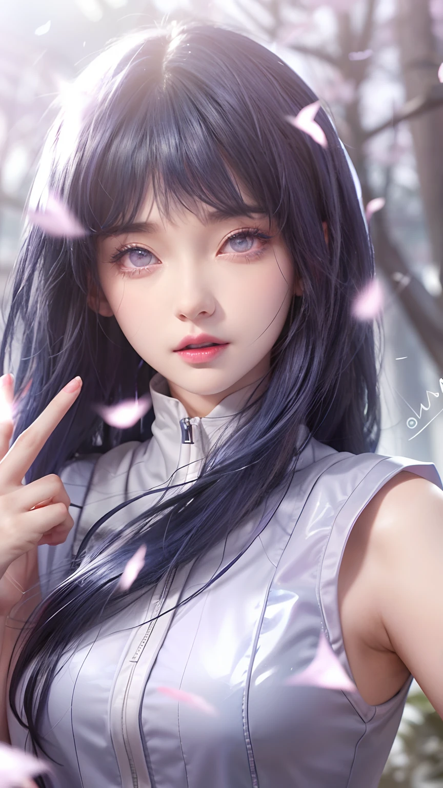 realistic, 1girl, white hair, purple eyes, glowing eyes, crop top, skirt, parted lips, blush, night, flowers, sun, sunlight,