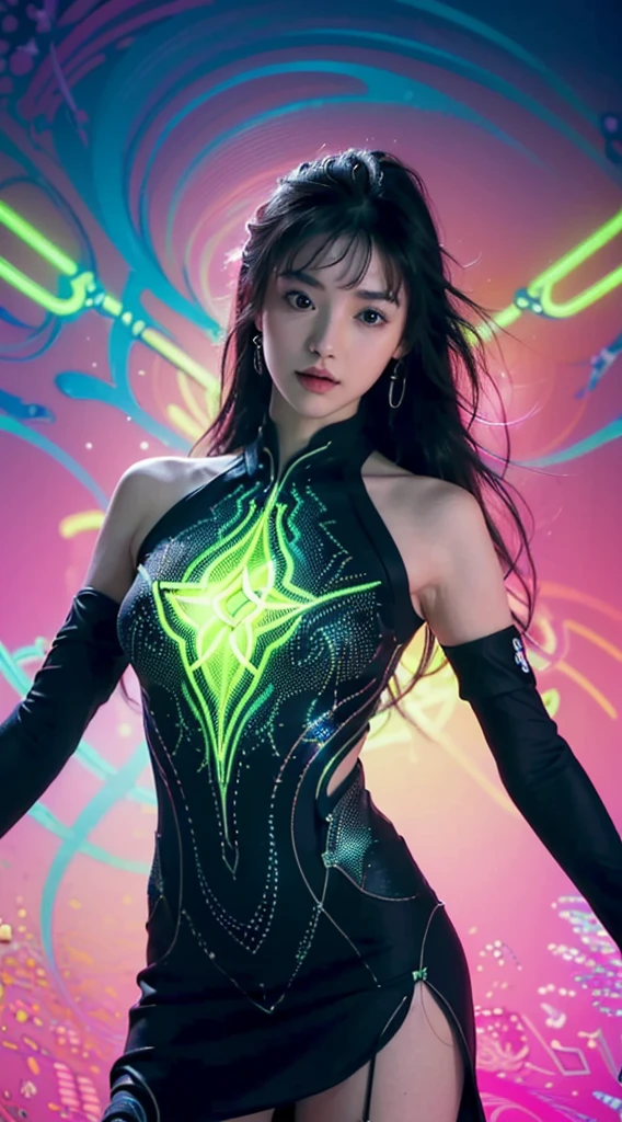 (Masterpiece, Top quality, Best quality, offcial art, Beautiful and aesthetic:1.2), (1girll:1.3), Extremely detailed,(Fractal art:1.2),Colorful,highest details,( Zen neon lights:1.2), (Dynamic pose), (Abstract background neon lights:1.5), (Trident dress:1.2), (Shiny skin), (many color:1.4), Upper body ,neonlight,16k,Full-HD