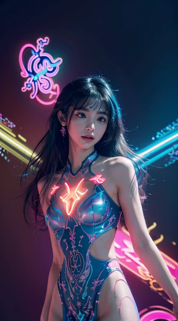 (Masterpiece, Top quality, Best quality, offcial art, Beautiful and aesthetic:1.2), (1girll:1.3), Extremely detailed,(Fractal art:1.2),Colorful,highest details,( Zen neon:1.2), (Dynamic pose), (Abstract background neon lights:1.5), (Trident dress:1.2), (Shiny skin), (many color:1.4), Upper body ,neonlight,16k,Full-HD