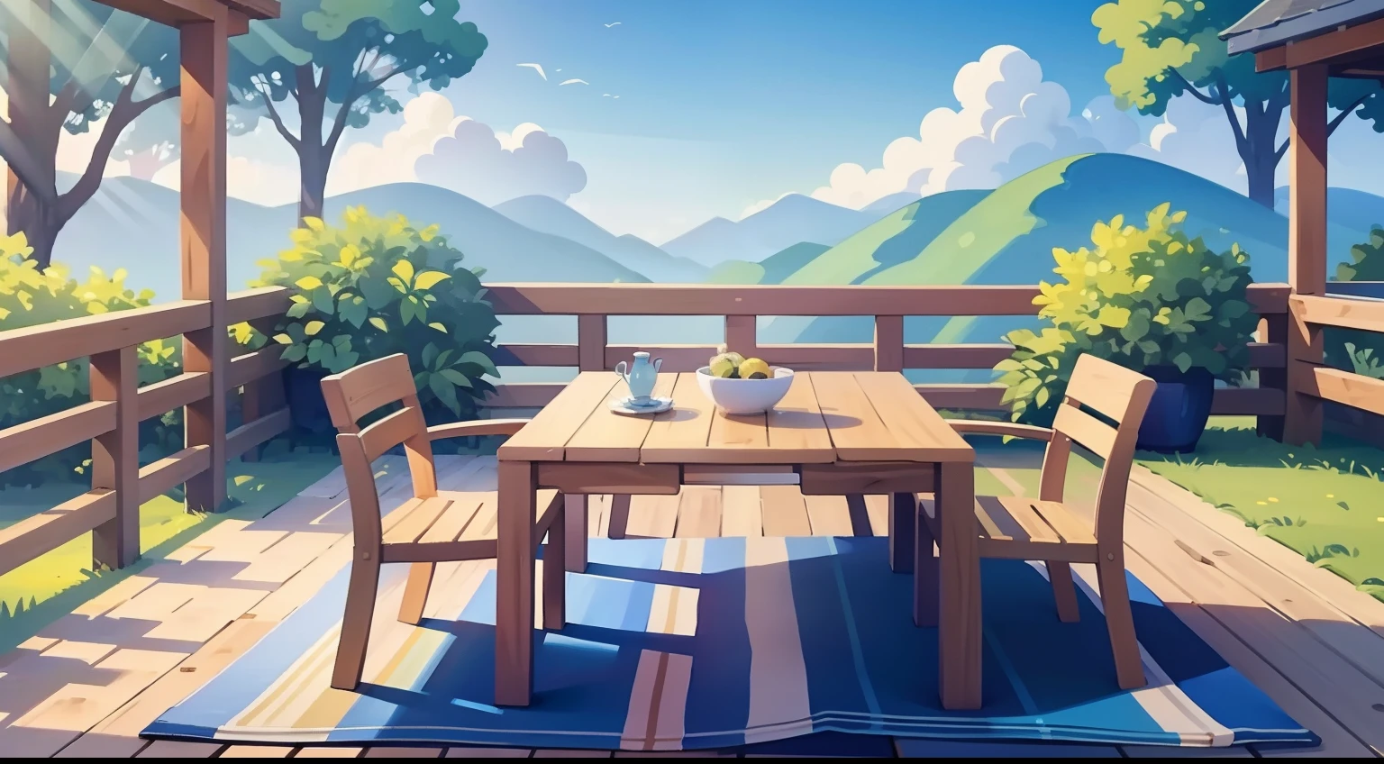 Beautiful landscape painting、Wood deck、Tea table、blue-sky、ultra-quality、masutepiece、Natural Color