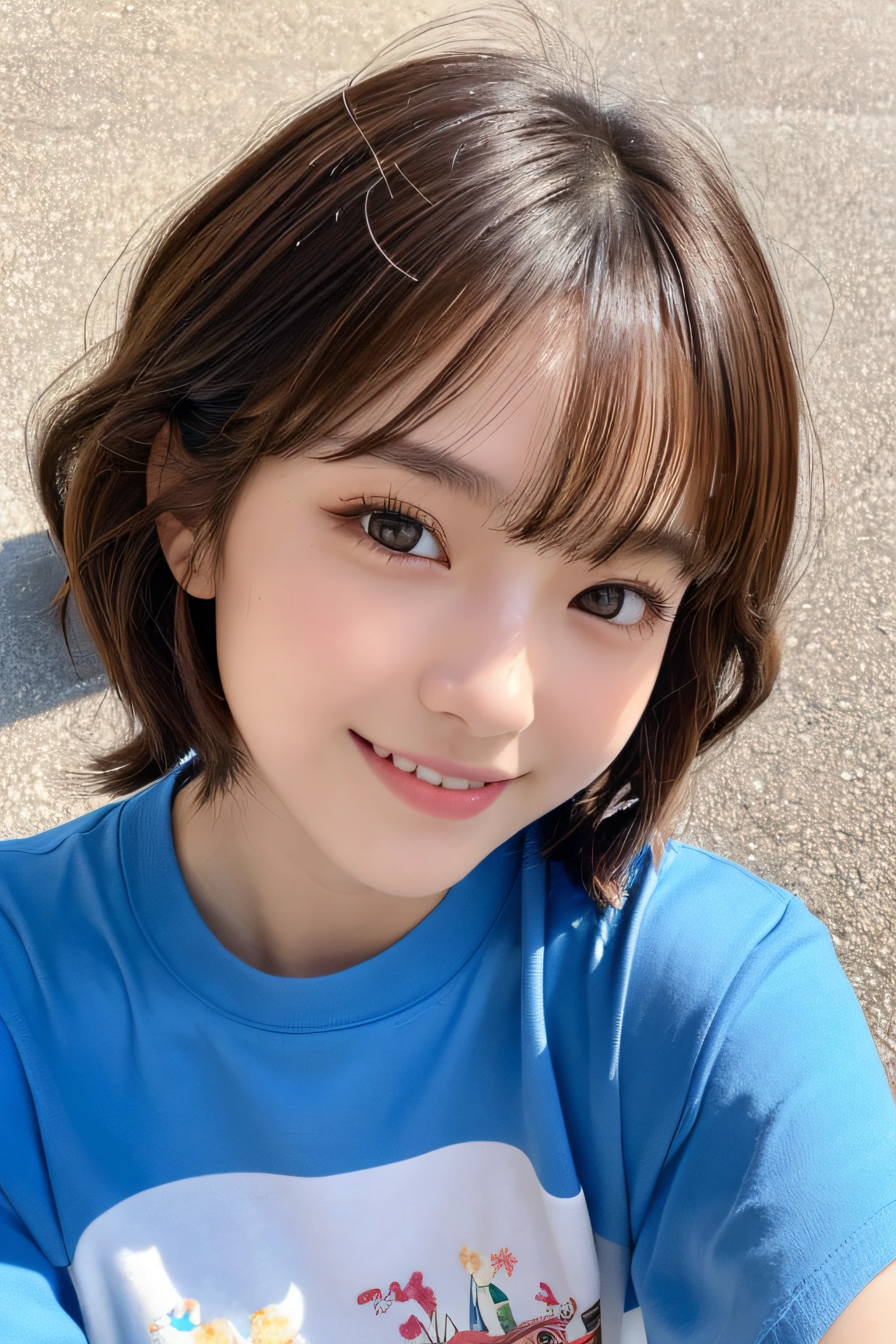 (top-quality,8K picture quality,masterpiece:1.3,),(超A high resolution:1.3,Photorealsitic:1.4,Raw photography:1.2),(ultra-detailliert:1.2,shinny skin,Detailed skin:1.1),(Detailed face,Perfect Anatomy,Caustics:1.2),On the lawn,Sleep on your back,Overhead view,,女の子1人,kawaii,japanes,22year old,Japanese ido,Natural brown hair,Curl short hair outward,Pretty eyes,natural make up,Oversized T-shirt,A smile,Looking at the camera,up on the face,Face Focus,Professional Lighting,natural soft light,