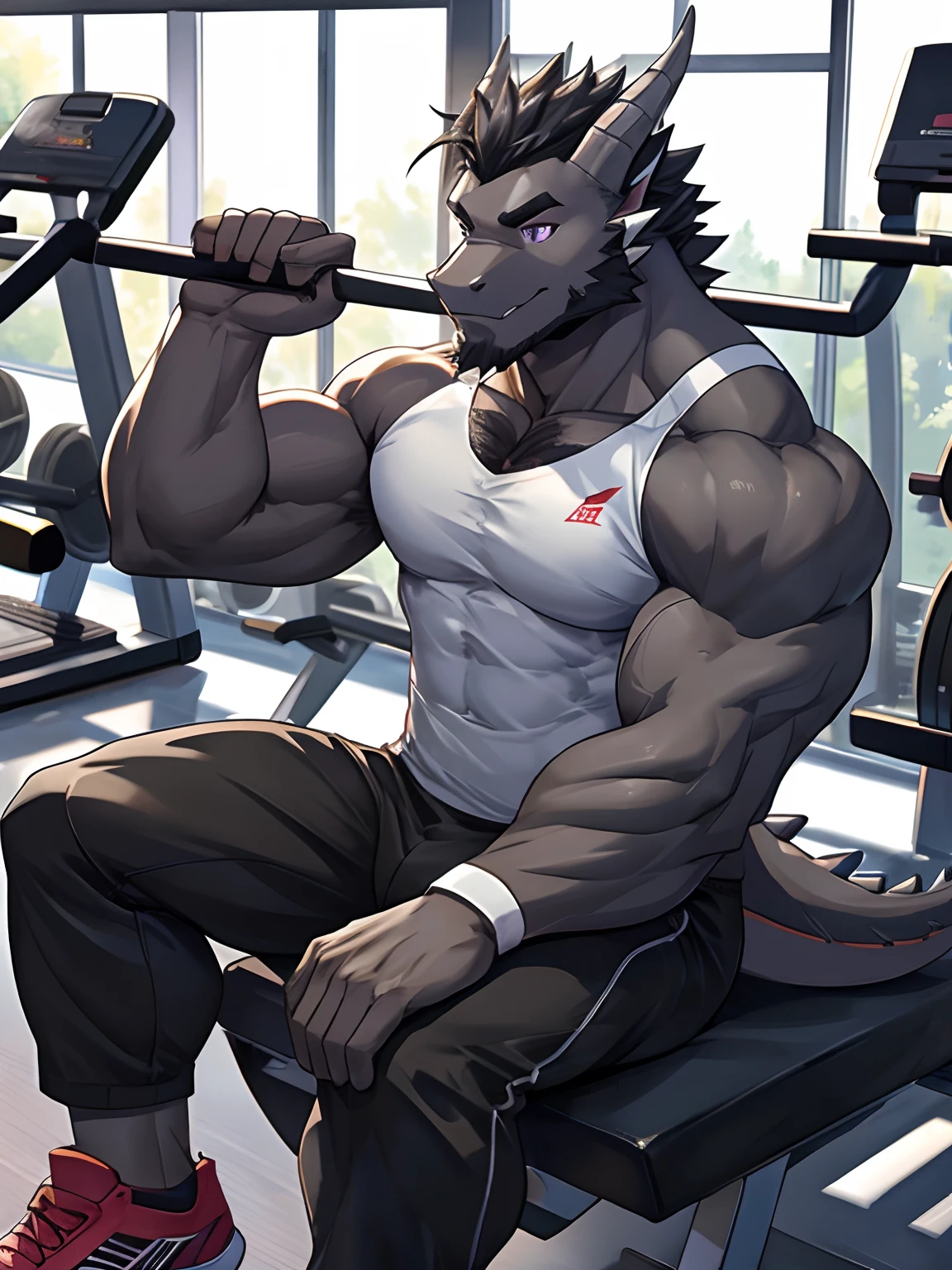 furry,bara,African wolf,masculine,Red Eyes,muscular,No shirt..,Wear exercise shorts..,Exercise in the gym