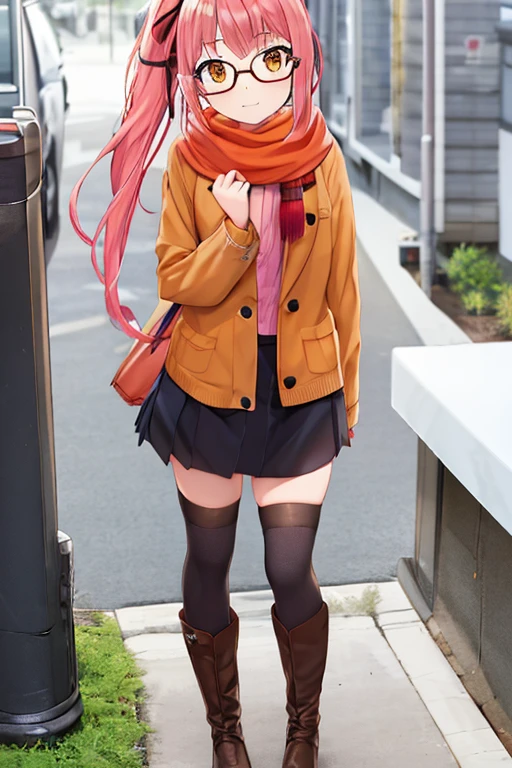 Full body girl with pink colored hair, side ponytail, long hair, orange eyes, wearing winter clothes, skirt, a hair ribbon, glasses, an orange scarf, black thighhighs and boots