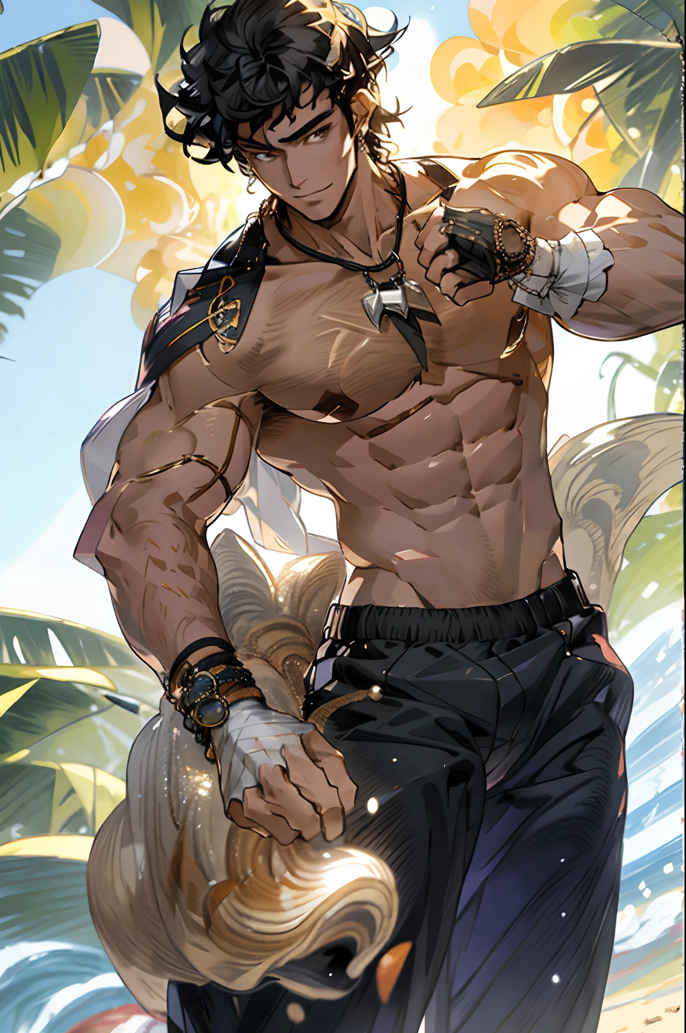 realisticlying,(tmasterpiece,top Quority,best qualtiy,offcial art),The is very detailed,Colorful,Most detailed,Kamimei,short detailed hair,Black color hair,Handsome man,Mare,choker necklace,sandbeach,chest muscle,Abs,Beach pants, On