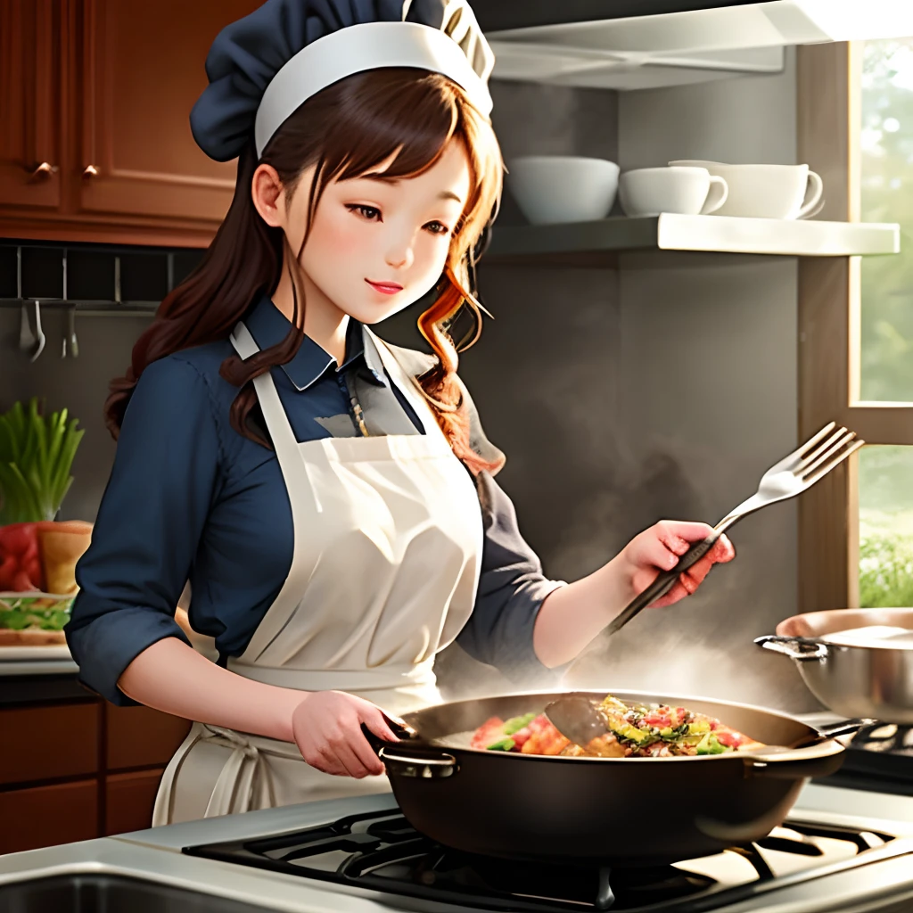 Two-dimensional beautiful girl cooking