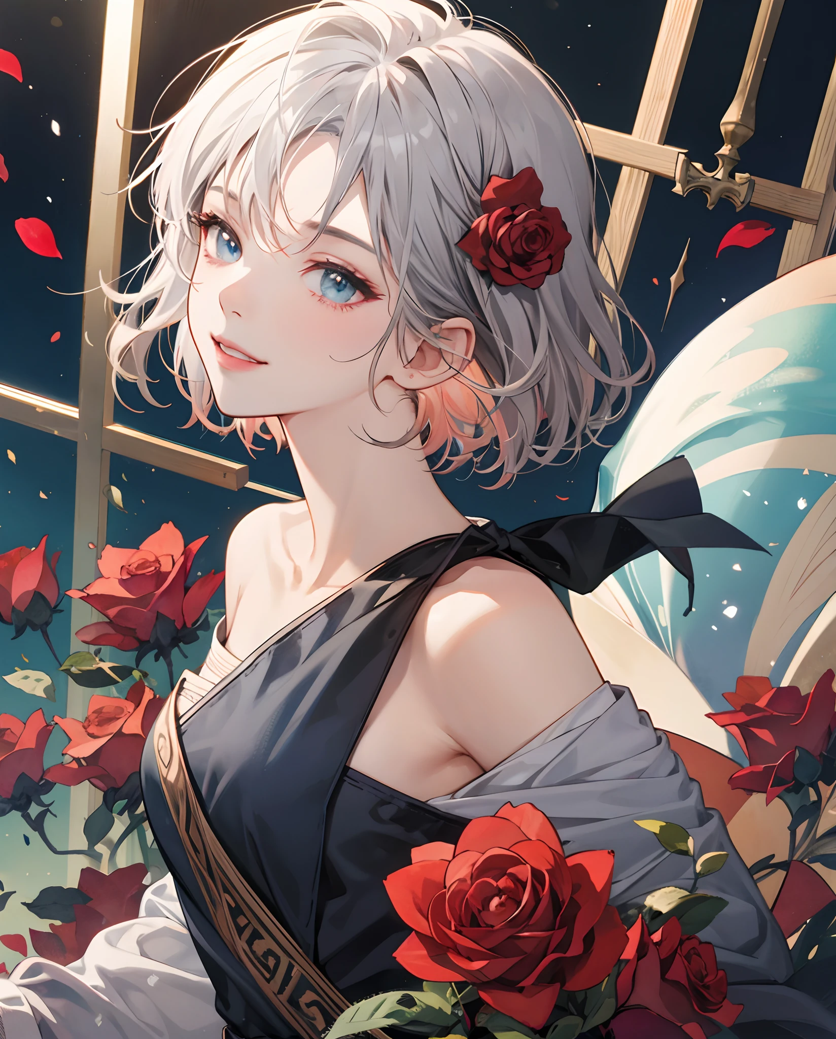 masterpiece、top-quality、超A high resolution、2D Beautiful Girl、animesque、s girl、greyt hair、short-haired、Red Rose Hair Ornament、Beautiful silver eyes、The clothes are also depicted in detail、Eyes are depicted in detail、The face is depicted in detail、sorcerer、soio、Gentle smile、hair adornments、animesque、illustratio