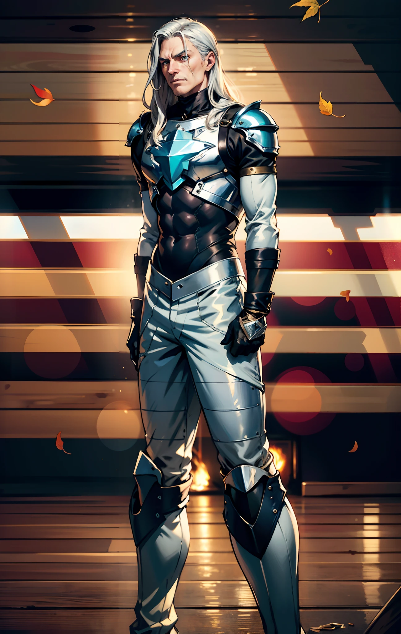 A middle-aged man, long platinum-blond hair, neatly combed hair, a square face, a serious expression, sharp eyes, tall figure, a dark fantasy-realistic style bodysuit, short sleeve, a silver-white chestplate, gloves with metal accessories, three metal blades extending from the gloves, tight-fitting pants that match the bodysuit, silver-white metal shin guards, boots, the background is a mountain forest at night, with falling leaves, this character embodies a finely crafted fantasy-realistic style assassin in anime style, characterized by an exquisite and mature manga illustration art style, high definition, best quality, highres, ultra-detailed, ultra-fine painting, extremely delicate, professional, anatomically correct, symmetrical face, extremely detailed eyes and face, high quality eyes, creativity, RAW photo, UHD, 8k, Natural light, cinematic lighting, masterpiece-anatomy-perfect, masterpiece:1.5