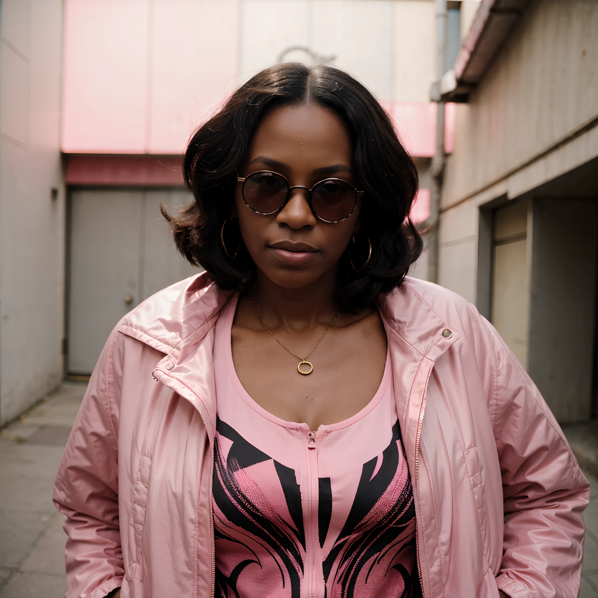 black grandmother style photo, pink jacket style, sunglasses, urban style, studio background, Medium long shot, flashy lighting, bright, shot on leica, shot on agfa vista 200, deep focus, photorealistic