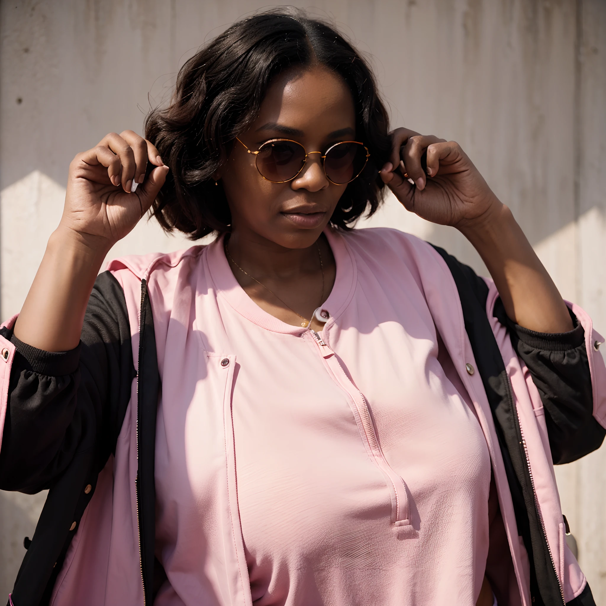 black grandmother style photo, pink jacket style, sunglasses, urban style, studio background, Medium long shot, flashy lighting, bright, shot on leica, shot on agfa vista 200, deep focus, photorealistic