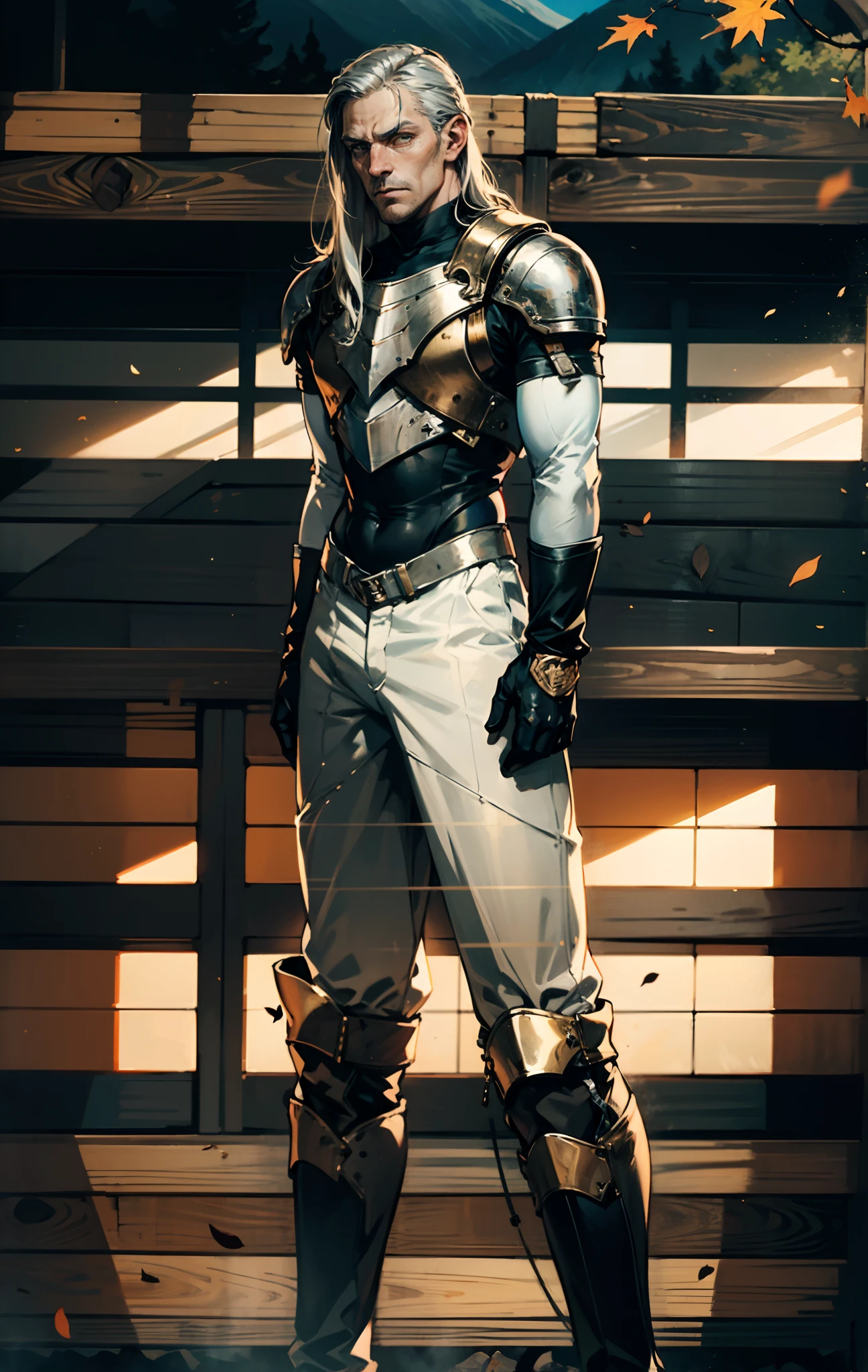 A middle-aged man, long platinum-blond hair, neatly combed hair, a square face, a serious expression, sharp eyes, tall figure, a dark fantasy-realistic style bodysuit, short sleeve, a silver-white chestplate, gloves with metal accessories, three metal blades extending from the gloves, tight-fitting pants that match the bodysuit, silver-white metal shin guards, boots, the background is a mountain forest at night, with falling leaves, this character embodies a finely crafted fantasy-realistic style assassin in anime style, characterized by an exquisite and mature manga illustration art style, high definition, best quality, highres, ultra-detailed, ultra-fine painting, extremely delicate, professional, anatomically correct, symmetrical face, extremely detailed eyes and face, high quality eyes, creativity, RAW photo, UHD, 8k, Natural light, cinematic lighting, masterpiece-anatomy-perfect, masterpiece:1.5