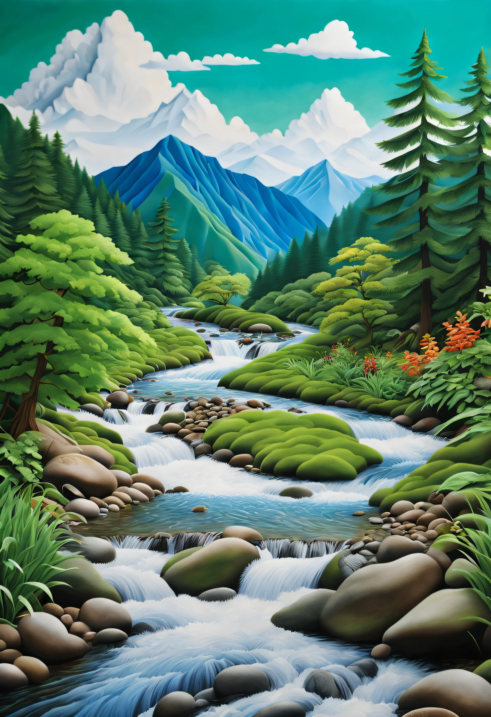 (Best quality,4K,8K,A high resolution,Masterpiece:1.2),Ultra-detailed,(Realistic,Photorealistic,photo-realistic:1.37),Paper crafts, paper cut out, Blue sky, White clouds, Lush green mountains, ((A cheerful stream in a mountain stream，Clear flowing water)), Traditional art form, intricatedesign, Delicate details, Vibrant colors, Soothing atmosphere