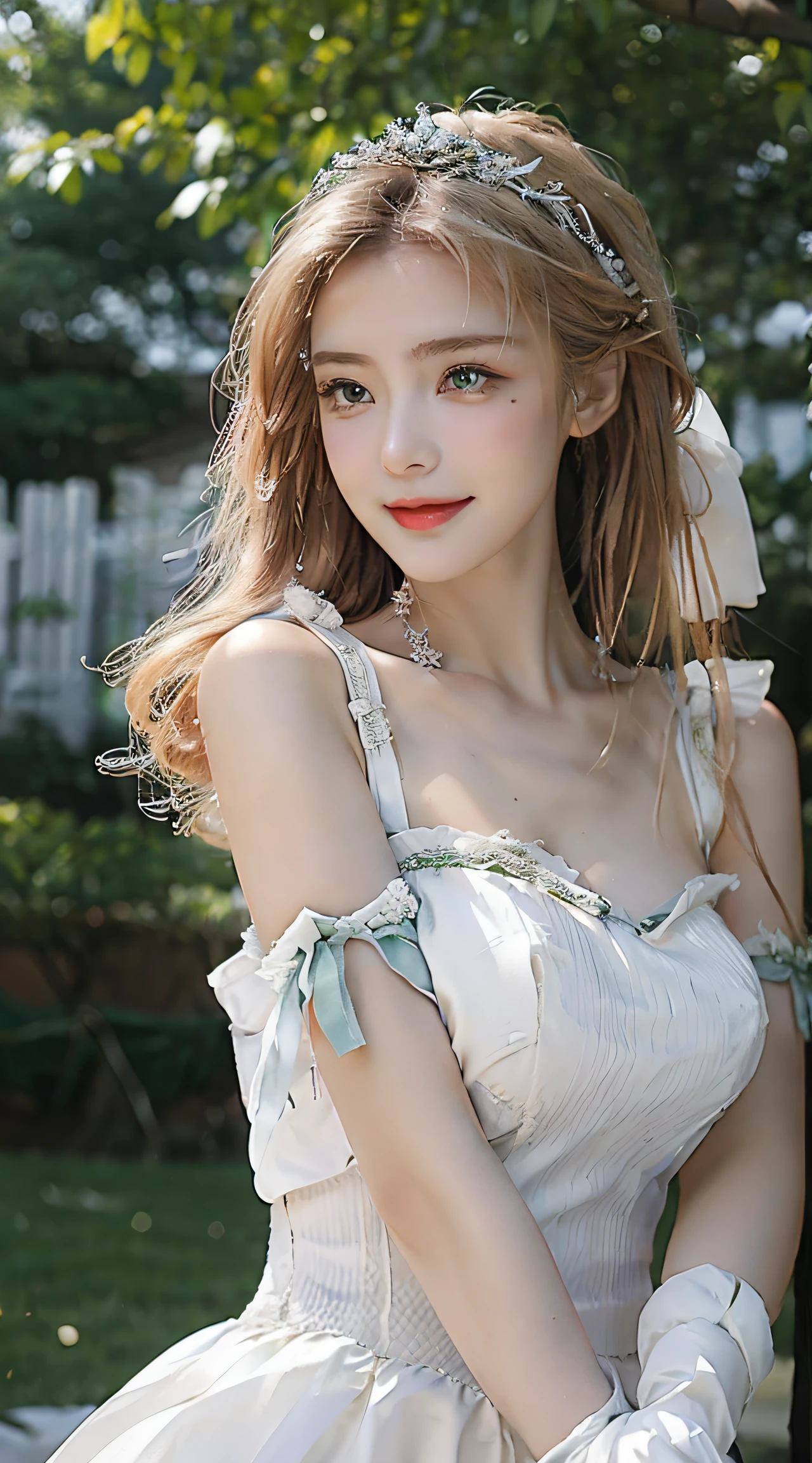 Masterpiece, Best quality, , 1girll, Solo, , Depth of field, Blonde hair, Green eyes, mitts, dress, Bare shoulders, 鎖骨, Elbow gloves, White gloves, White dress, No shoulder strap, head gear, light yarn, Strapless dress, Wedding dress, Bridal veil, Beautiful woman, Perfect body, Wearing a wedding dress, Prom Dresses, In the garden of trees, Wedding decoration, Looking at the audience, a little bit smile , Realism, Masterpiece, Textured skin, Super detail, High detail, High quality, Best quality, 1080p, 16k