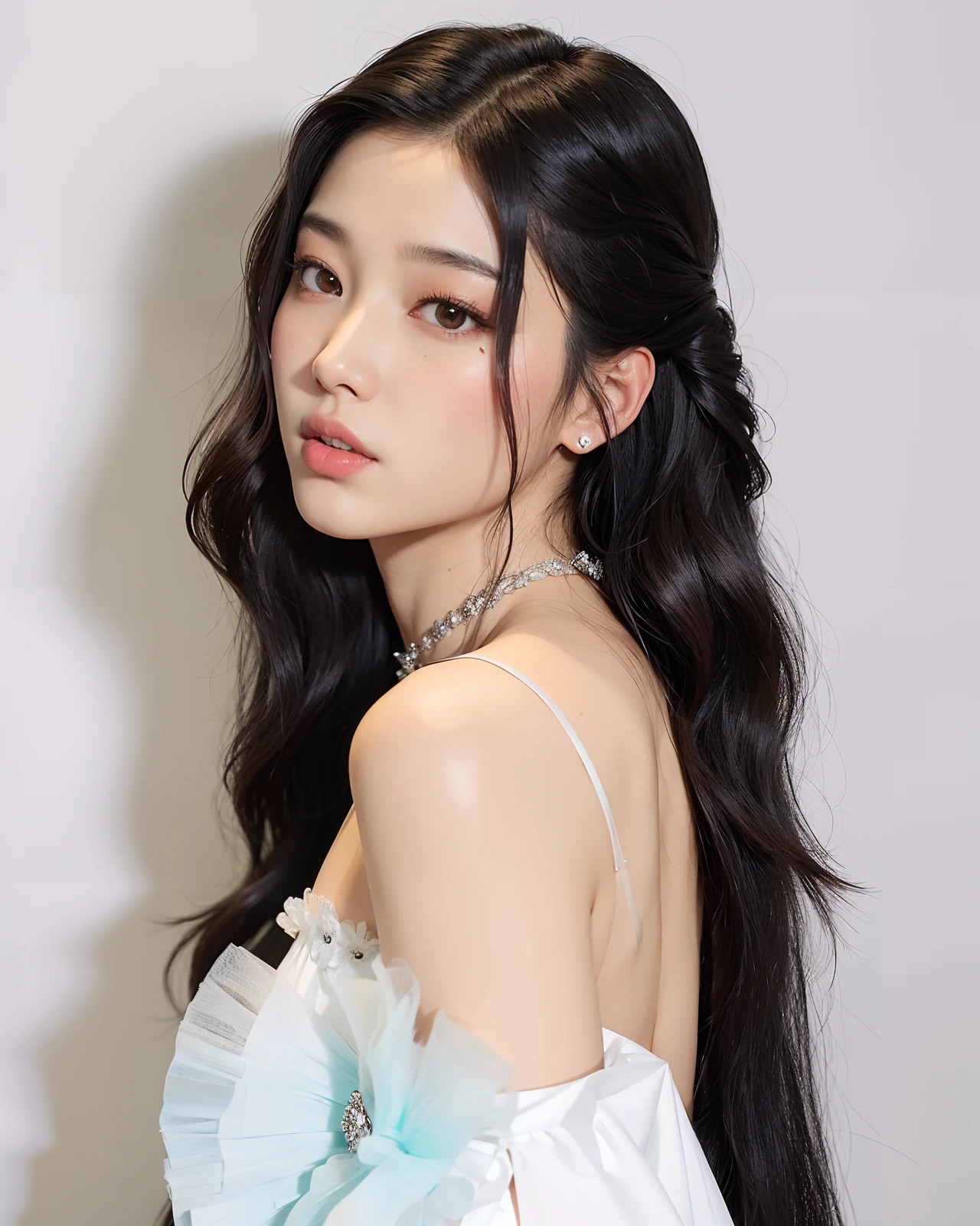 um close up de uma mulher com longos cabelos pretos usando um vestido branco, Bae Suzy, Jinyoung Canela, Sha Xi, Xision Wu, Gongbi, Ruan Jia Lindo!, jia, Jaeyeon Nam, Lulu Chen, por Ni Tian, Wenfei Ye, Xintong Chen, tzuyu de duas vezes, gemma chen, Yanjun Chengt