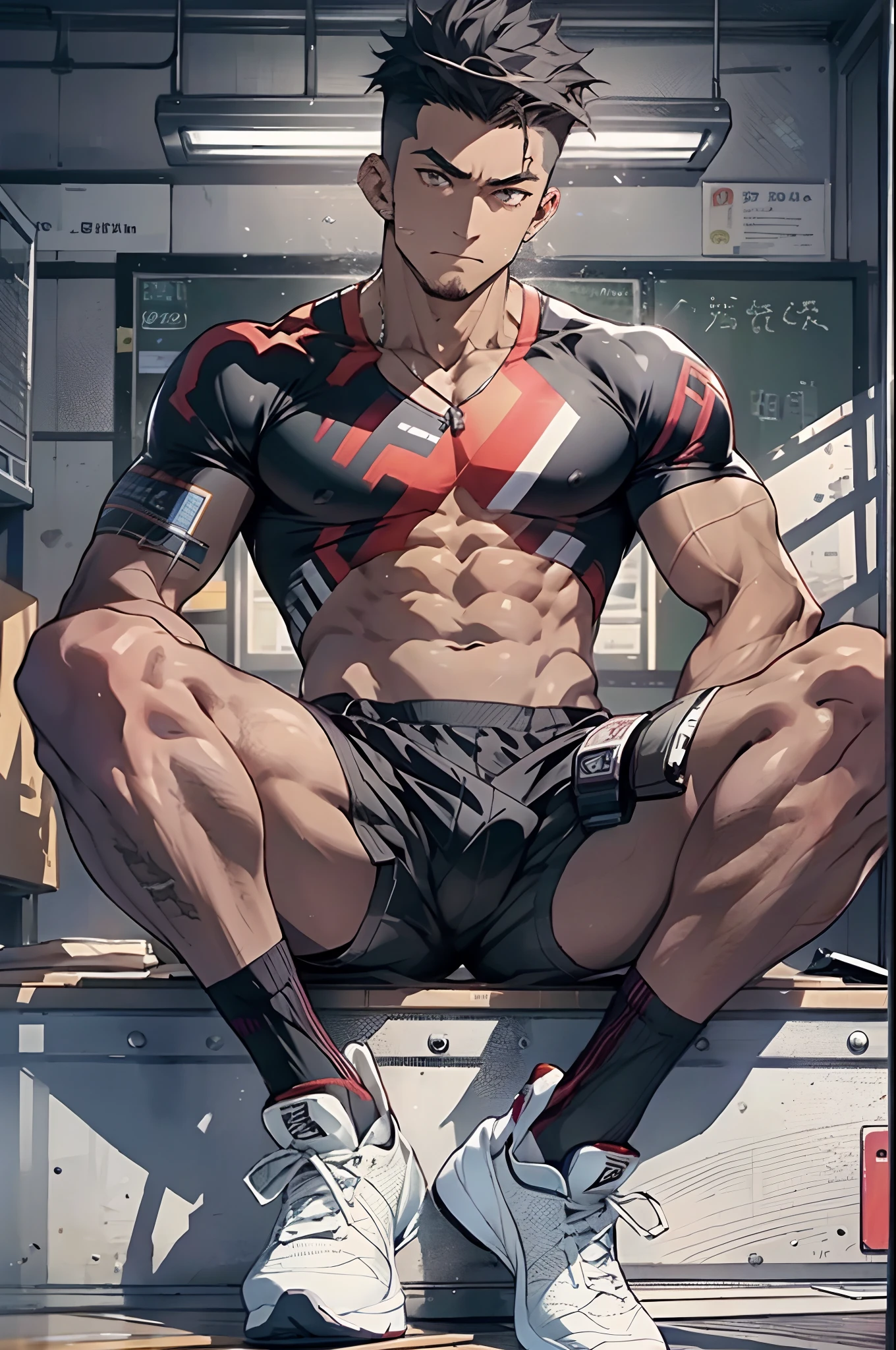(tmasterpiece,top Quority,best qualtiy,offcial art)Libido boy,Tong,large pecs,Big bag,Half recumbent,CG sense,POV perspective,spread their legs,Dark atmosphere,8K,Cinematic lighting effects,Textured skin,best qualtiy,Storytelling images,Storytelling images,dynamic blur,actionpose,Elevation viewing angle,Physical Education Student,basketball suit,vests,Classroom,with brown skin,Serious expressions,Hot gas,Keep one's mouth shut,Abs,full bodyesbian,solo person,Bare legged,Foot odor,dermatophytosis,white short socks,Sitting down,Undress,Take off your pants,musculous