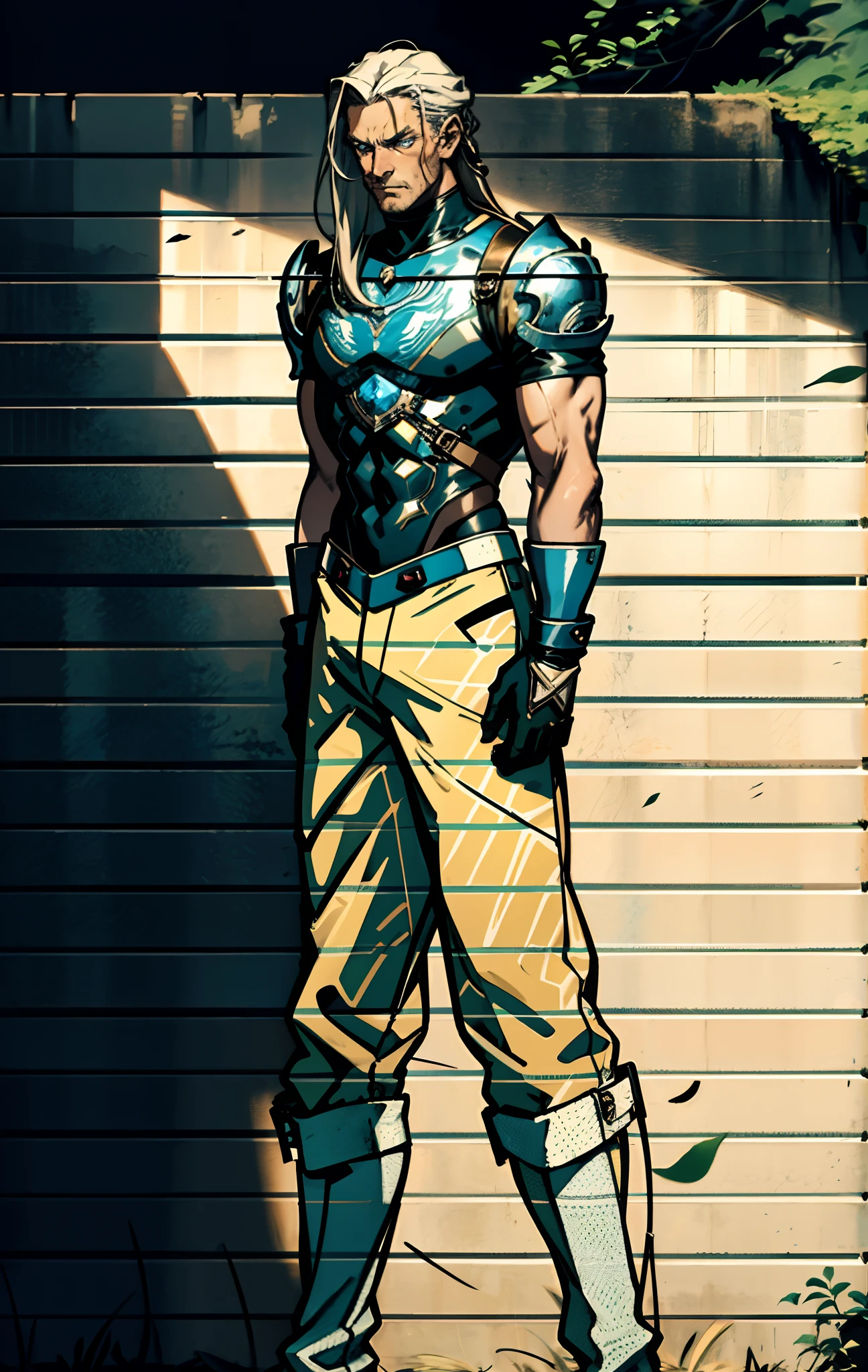 A middle-aged man, long platinum-blond hair, neatly combed hair, a square face, a serious expression, sharp eyes, tall figure, a dark fantasy-realistic style bodysuit, short sleeve, a silver-white chestplate, gloves with metal accessories, three metal blades extending from the gloves, tight-fitting pants that match the bodysuit, silver-white metal shin guards, boots, the background is a mountain forest at night, with falling leaves, this character embodies a finely crafted fantasy-realistic style assassin in anime style, characterized by an exquisite and mature manga illustration art style, high definition, best quality, highres, ultra-detailed, ultra-fine painting, extremely delicate, professional, anatomically correct, symmetrical face, extremely detailed eyes and face, high quality eyes, creativity, RAW photo, UHD, 8k, Natural light, cinematic lighting, masterpiece-anatomy-perfect, masterpiece:1.5