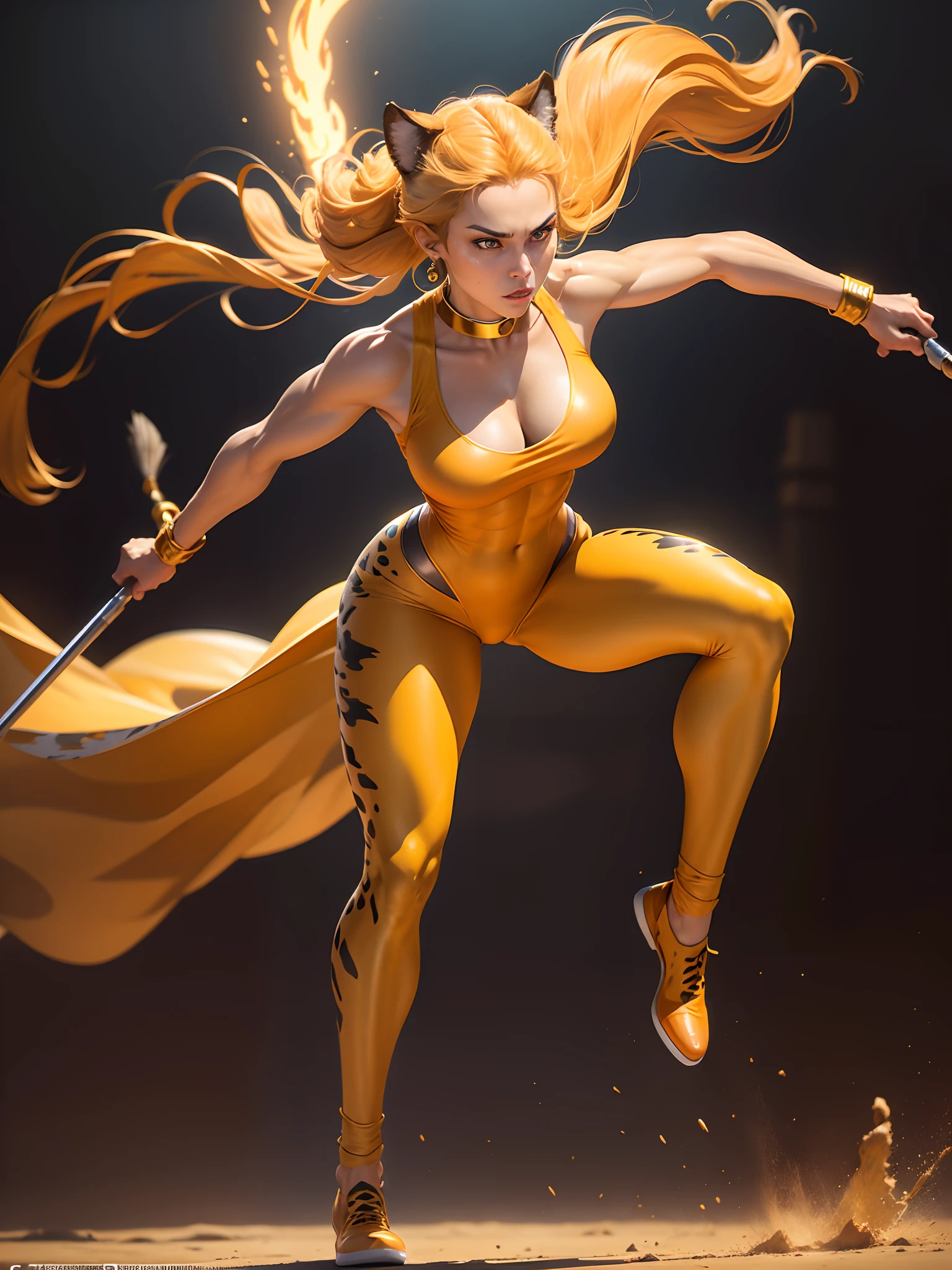 In New York, Time Square, beautiful woman, 25 years old, style, Cheetara is a fearless warrior. Athletic Body: Cheetara has a slim and athletic body, with well-defined curves. Hair of a cheetah: Full body with yellow fur and dark spots like the hair of a cheetah, she is agile and fast, reflecting her feline nature. Full body with yellow fur with dark spots with hair from a cheetah, a type of large feline. Orange Clothing: She wears a tight-fitting dark orange outfit, which covers most of her body, but leaves her arms and legs uncovered. The costume also includes a short cape. Big Blue Eyes: Cheetara has expressive blue eyes, which often reflect her intelligence and determination. Jewelry and Equipment: She wears a golden tiara on her forehead and golden earrings in her ears. Additionally, she is often seen with a staff that can transform into a nunchaku, which she uses skillfully in combat. Strong and decisive. Her fighting ability is impressive but without a doubt her greatest power lies in her unparalleled speed, superior to any motorized land vehicle. She has a stick as a weapon. Furthermore, she is powerful and was trained by Jaga, in New York, (athletic body: 1.4), (hair of a cheetah: 1.4), (hanging breasts: 1.3), (full breasts: 1.4), (realism: 1.5), ( Realisitc: 1.4), (Absurdity: 1.4), 8k, ultra-detailed, Detailed Beautiful Woman, (Only one: 1.4), 1girl, (Viewer facing: 1.2),