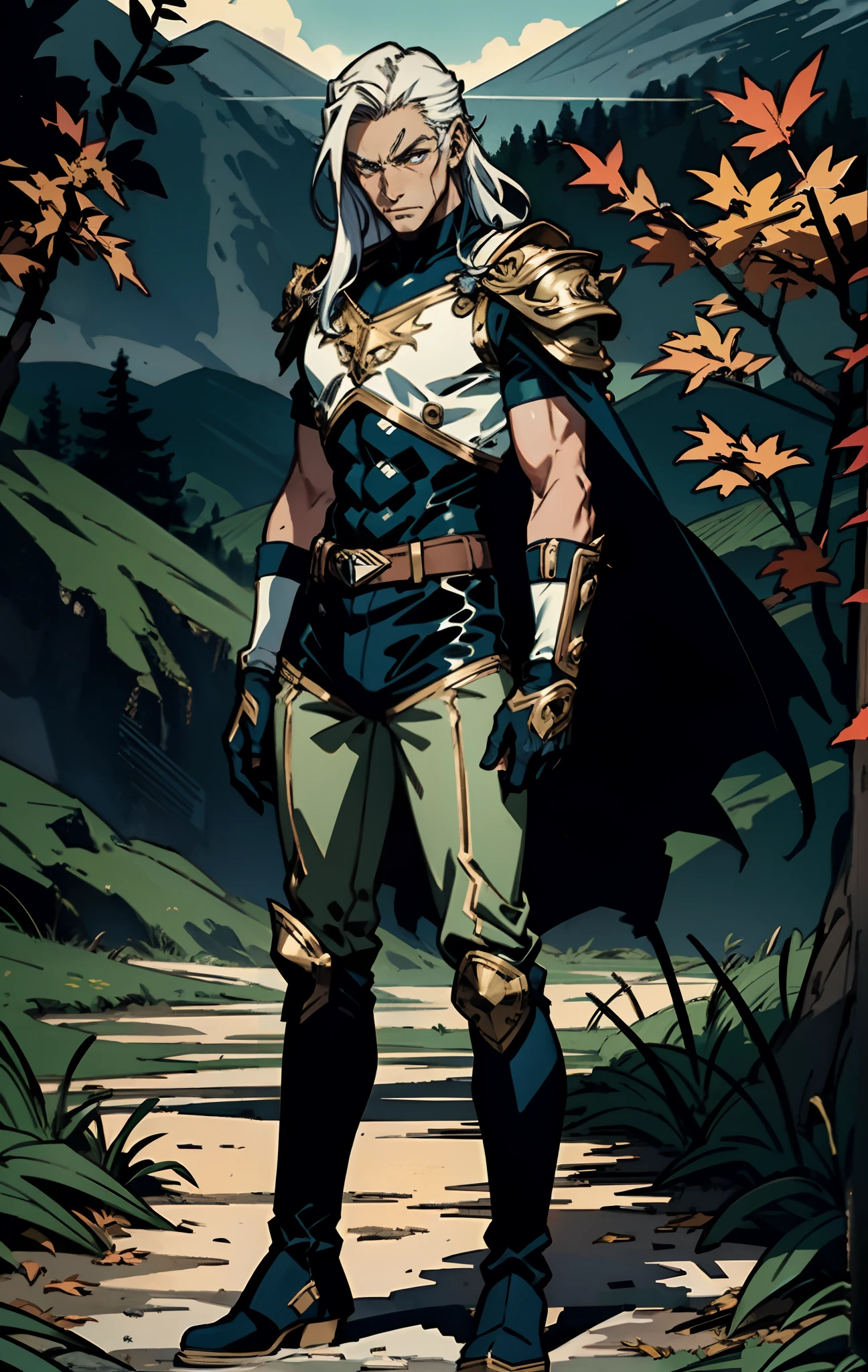 A middle-aged man, long platinum-blond hair, neatly combed hair, a square face, a serious expression, sharp eyes, tall figure, a dark fantasy-realistic style bodysuit, short sleeve, a silver-white chestplate, gloves with metal accessories, three metal blades extending from the gloves, tight-fitting pants that match the bodysuit, silver-white metal shin guards, boots, the background is a mountain forest at night, with falling leaves, this character embodies a finely crafted fantasy-realistic style assassin in anime style, characterized by an exquisite and mature manga illustration art style, high definition, best quality, highres, ultra-detailed, ultra-fine painting, extremely delicate, professional, anatomically correct, symmetrical face, extremely detailed eyes and face, high quality eyes, creativity, RAW photo, UHD, 8k, Natural light, cinematic lighting, masterpiece-anatomy-perfect, masterpiece:1.5