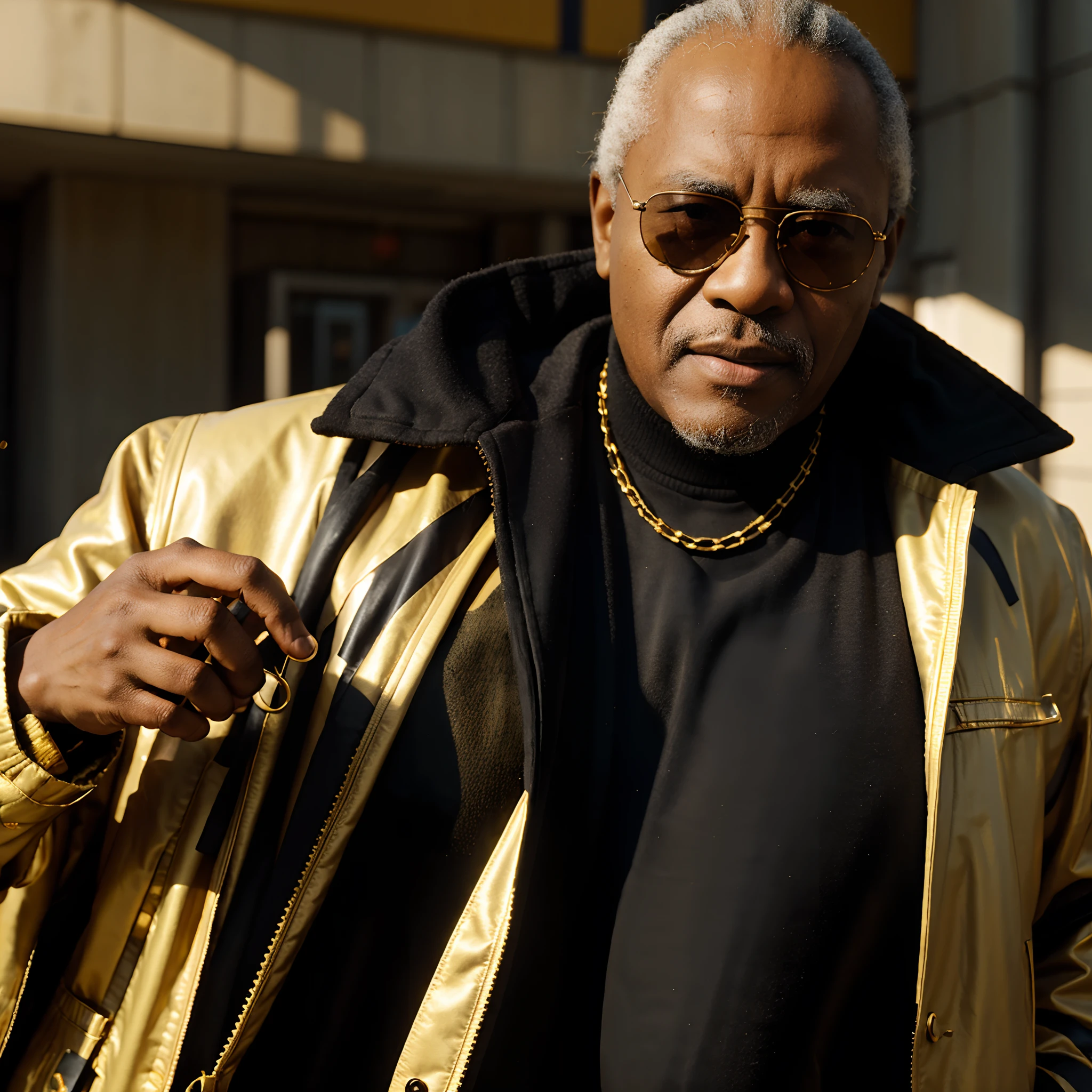 black grandfather style photo, golden jacket style, sunglasses, urban style, studio background, Medium long shot, flashy lighting, bright, shot on leica, shot on agfa vista 200, deep focus, photorealistic
