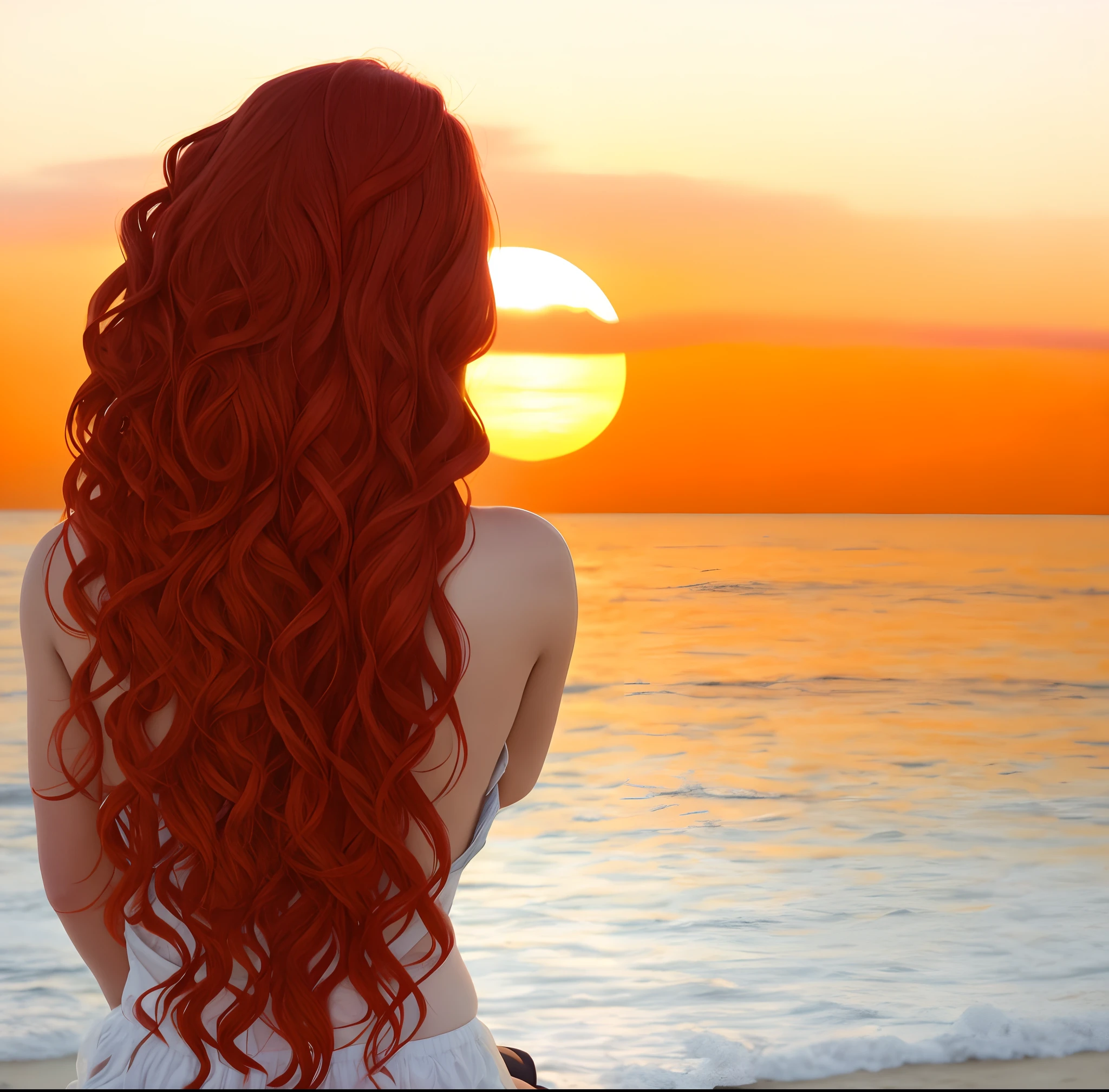 There's a woman with long red hair sitting on a boat, at the beach on a sunset, pele larane cabelo ardente longo, cabelo laranja brilhante, watching the sunset, ((Sunset)), As the sun sets on the horizon, in the sunset, in the sunset, com cabelos ruivos cacheados, looking at sunset, Sunset!!!, long glowing ethereal hair