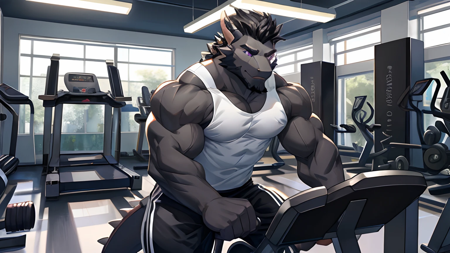 Solo, Male, Black Furry Dragon, Gray Medium Hair, Gym Set, Gray Facial Hair, Purple Eyes, Muscular, Good Looking, Handsome, Exercising, Gym Background